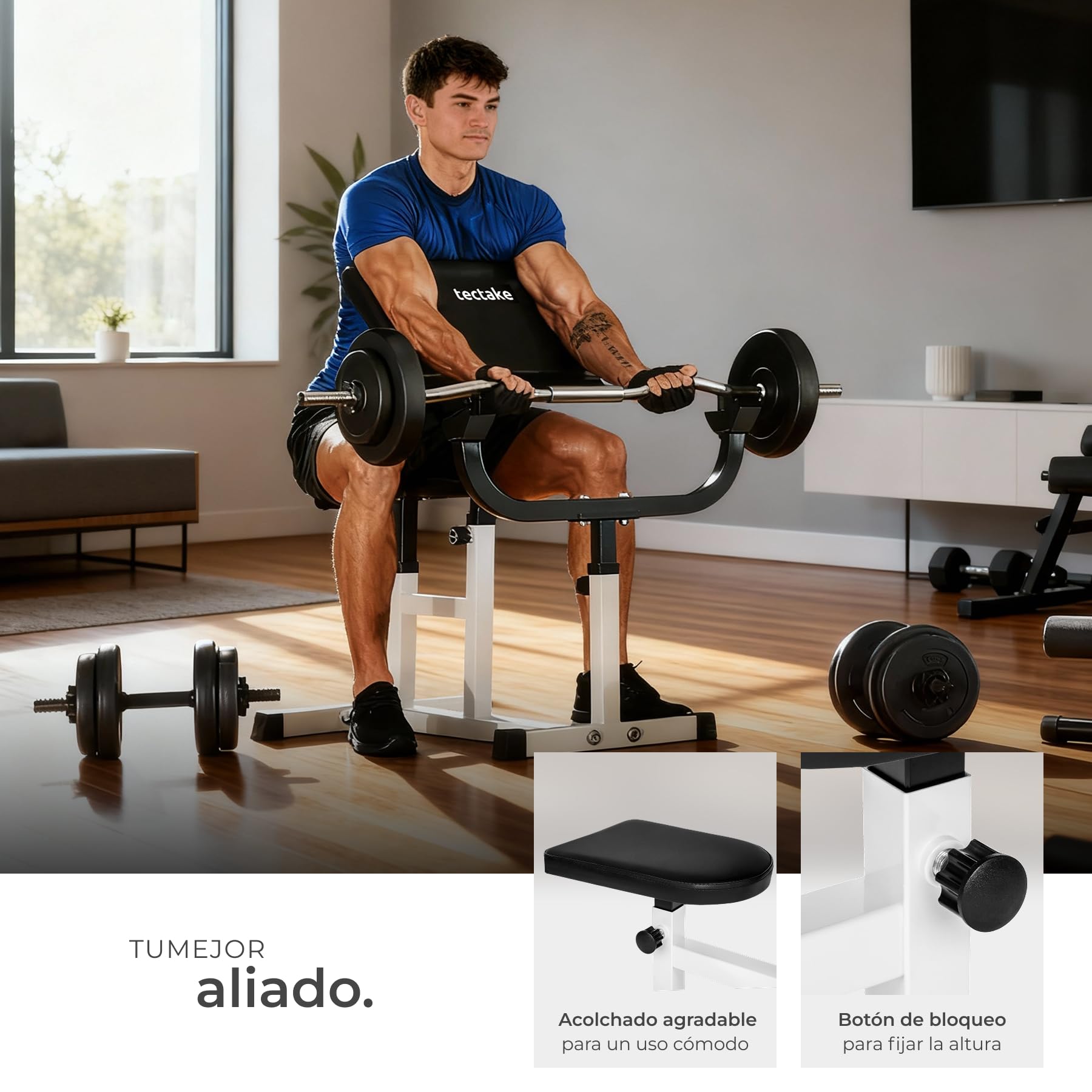 tectake® Banco Musculación, Banco de Pesas para Barra Gimnasio, Estructura de Acero Resistente, Asiento y Apoyabrazos Ajustables - Carga Máxima: 150 Kg