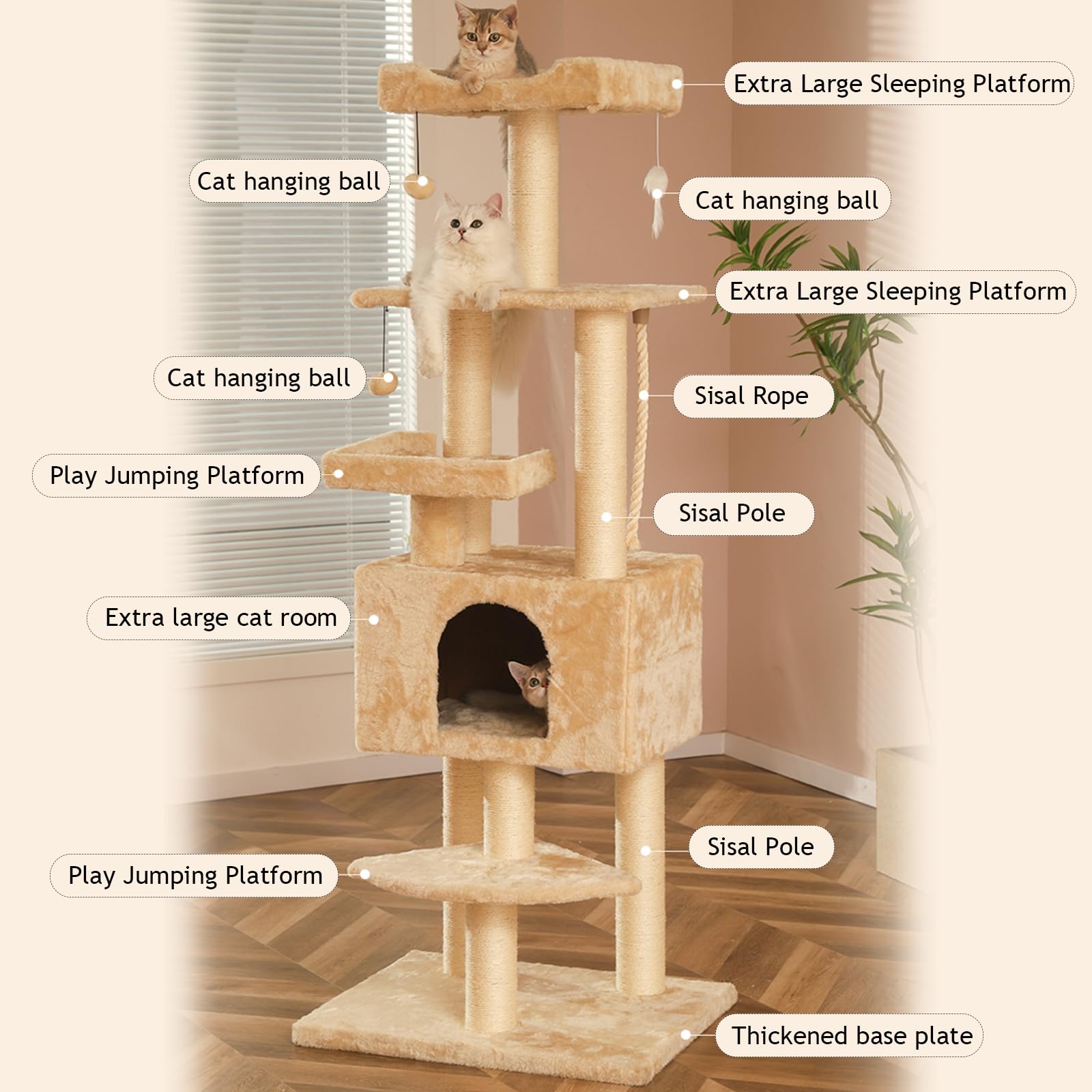Tiragraffi per Gatti Adulti, Albero per Gatti Alto 160Cm, Tiragraffi Gatto Stabile Multilivello, Alberi per attività per Gatti con Pali in Sisal Casetta per Gatti Pompon in Peluche