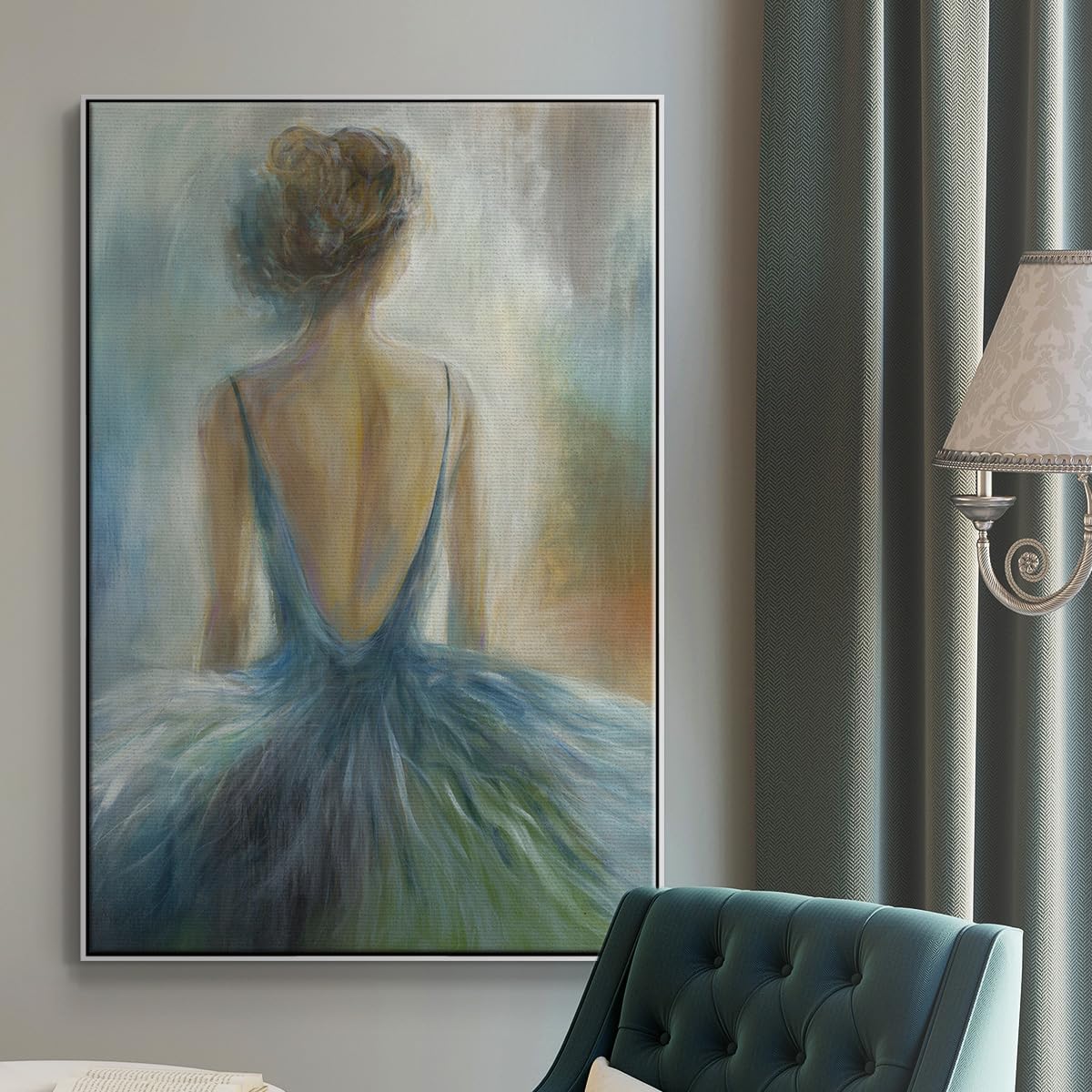 Renditions Gallery Canvas Glam Wall Art Prints for Home Decor Elegant Lady in a Blue Dress Abstract White Floater Frame Paintings for Bedroom Office Kitchen - 17"X25" LT538 image 3