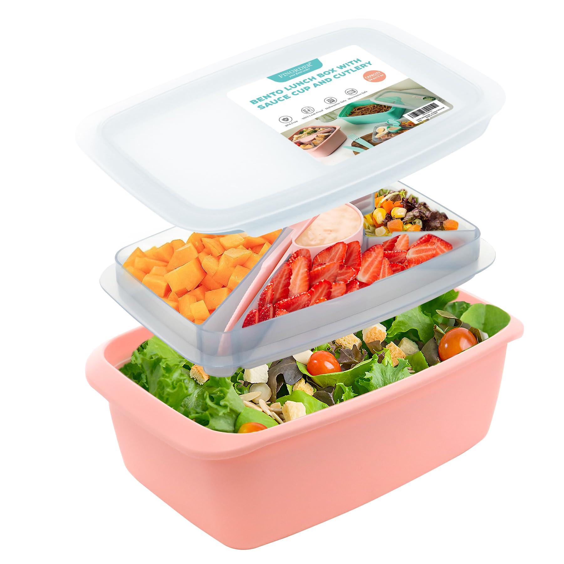 FinorderSalad Container Big Lunch Box for Adults, BPA Free Leak Proof Lunch Container Box with Tableware, Big 67-oz Food Grade Bento Lunch Box with 2-oz sauce container
