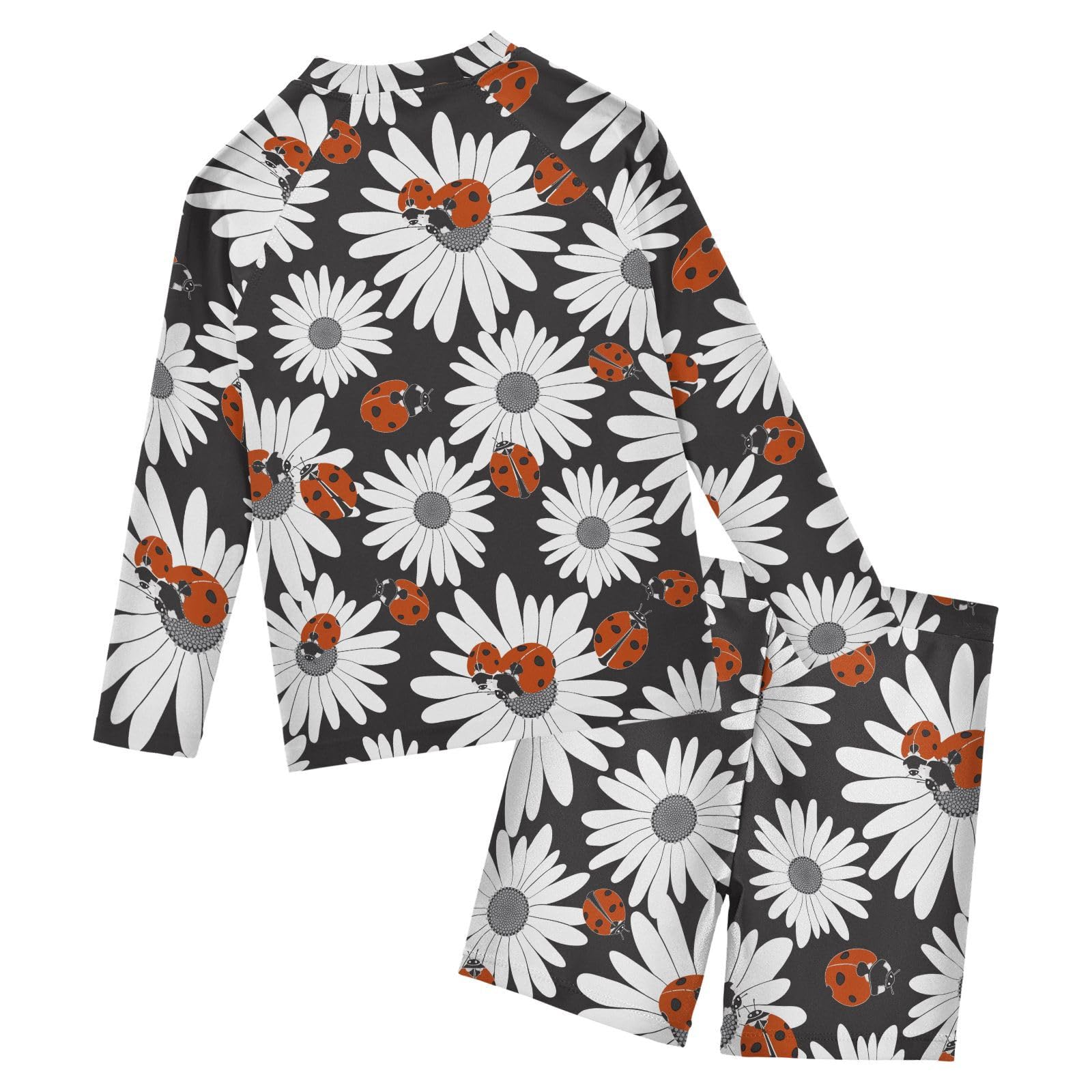 Aflyko Kids' Bathing Suit Set Ladybug Daisy White Grey Long Sleeve Swim Tops with Shorts Summer Vacation Pool Party Rashguard Fun Cute Toddler Infant Beachwear, 4T