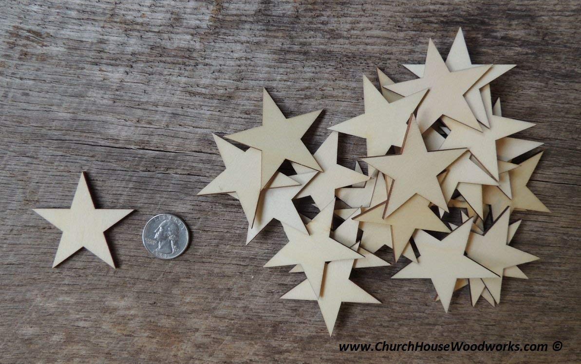 50 qty 2 inch Wood Stars, Christmas Wooden Star Ornaments DIY, Supplies for Wood Flag Making