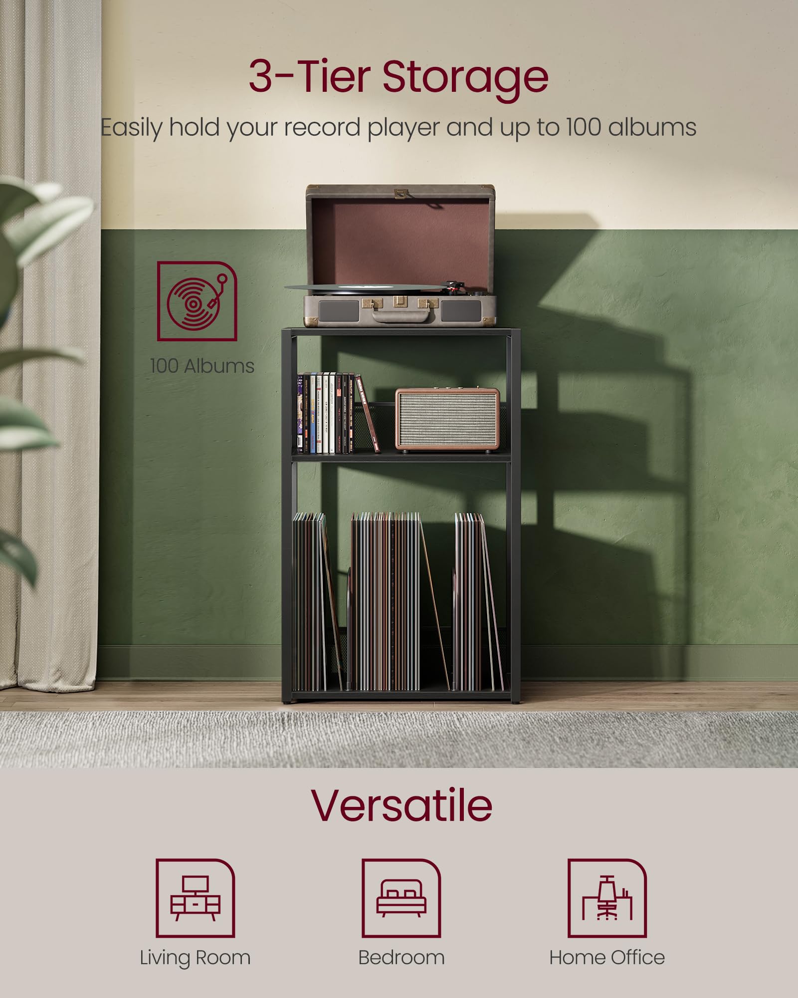 VASAGLE Supporto per giradischi, tavolino a 3 livelli, per riporre dischi in vinile fino a 100 album, tavolino per soggiorno, camera da letto, nero ebano ULET275B01