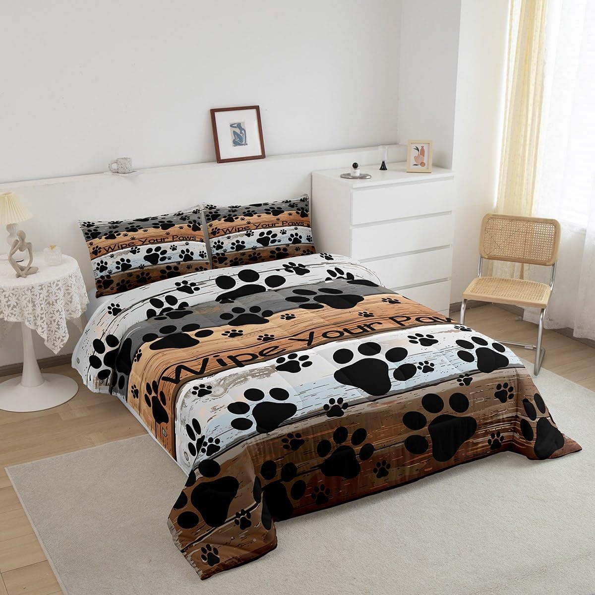 Castle Fairy Animals Paw Full Size Comforter Set,Gray Brown Vintage Wood Bedding Set for Adults Teens,Children Cat Dog Footprint Comforter Luxury Rustic Farmhouse Quilt Set Room Decor 3Pcs