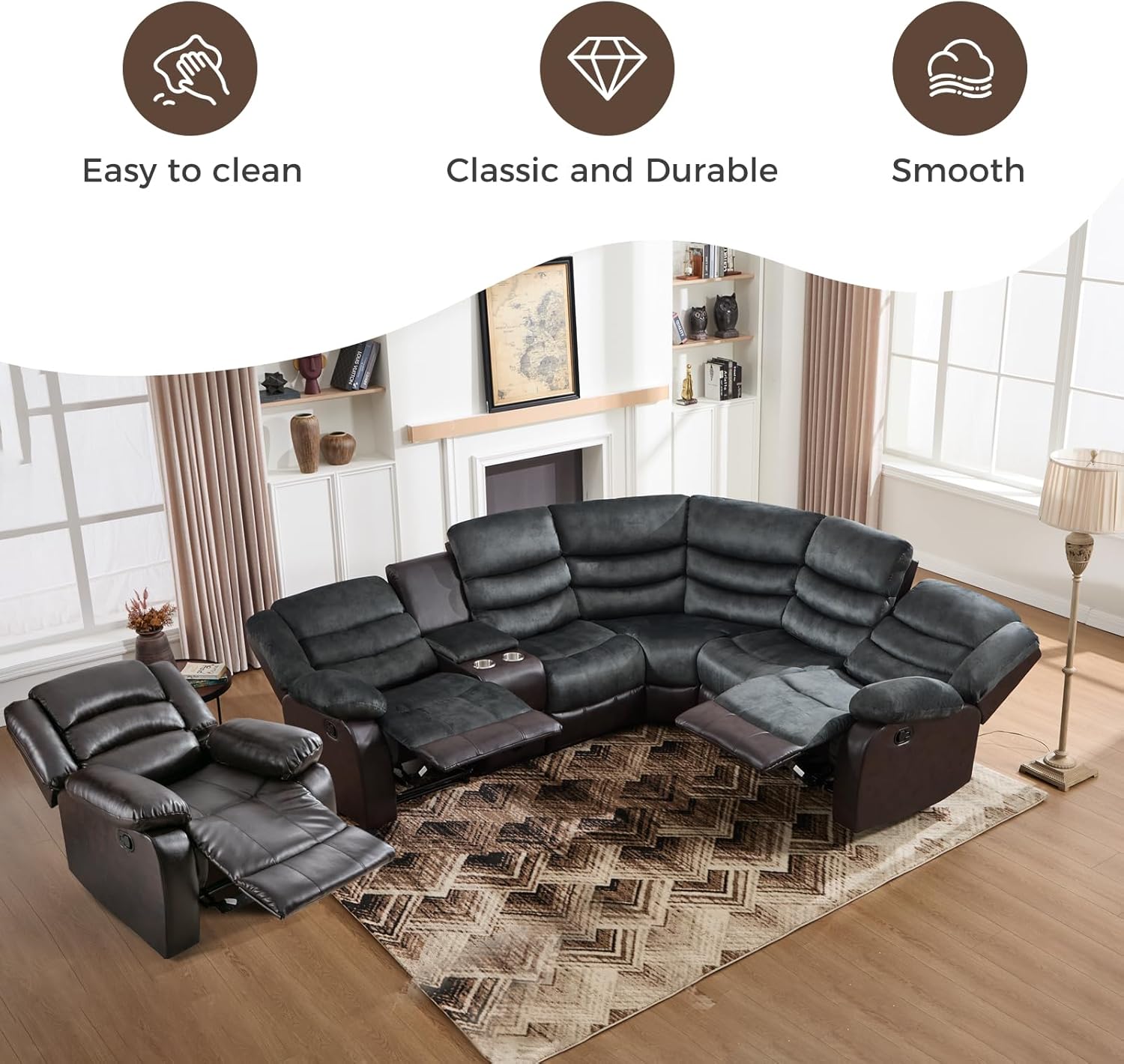 EBELLO Faux Leather Reclining Sectional Sofa Set, Included 1 Recliner Chair and L-Shaped Corner Manual Recliner Sofa with Overstuffed Armrests, 5-Seater Home Furniture Sofa for Living Room, Gray