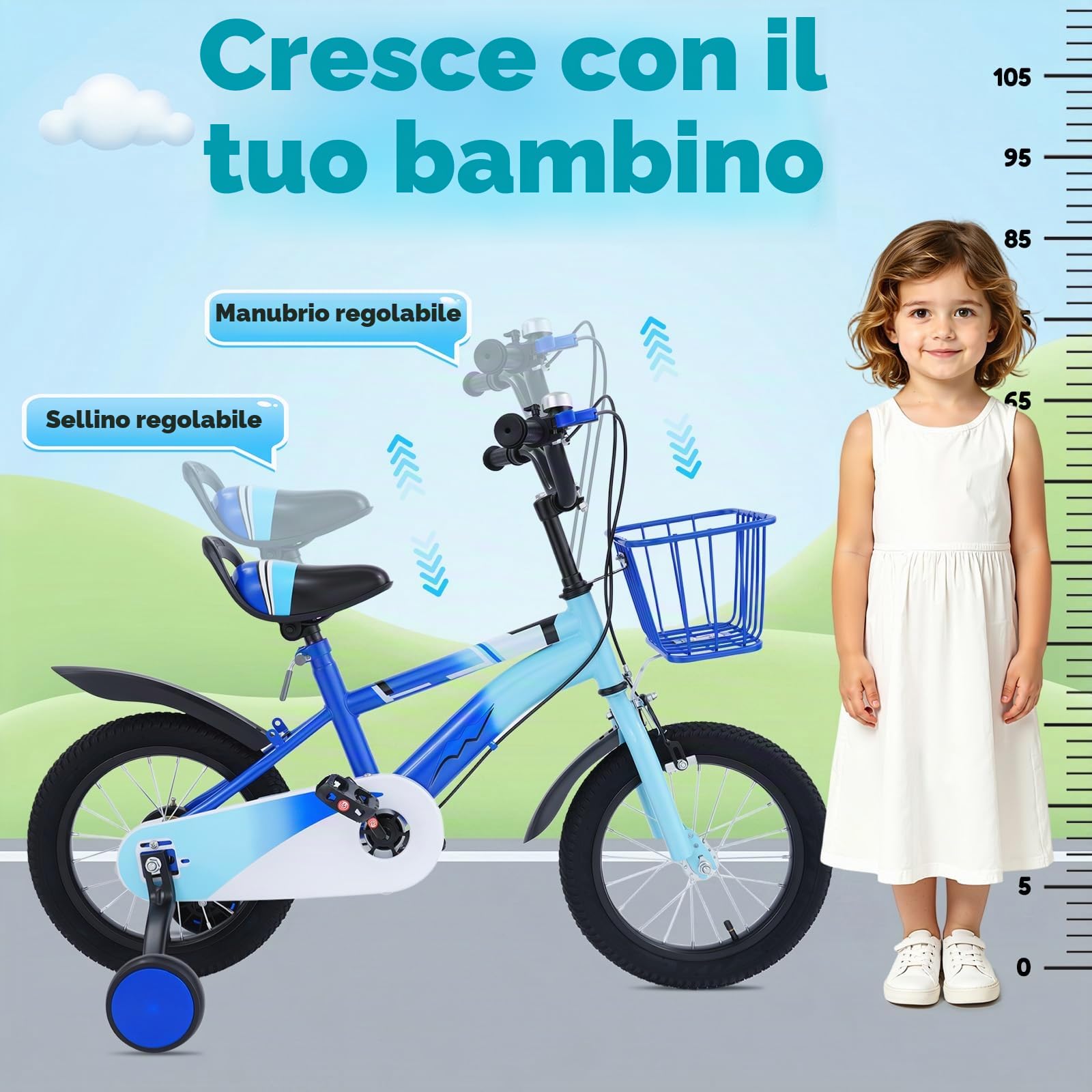 Bicicletta per bambini da 14 pollici, con ruote di supporto e cestino, regolazione dell'altezza, in acciaio al carbonio, per bambini dai 3, 4, 5, 6 anni, blu/viola/beige
