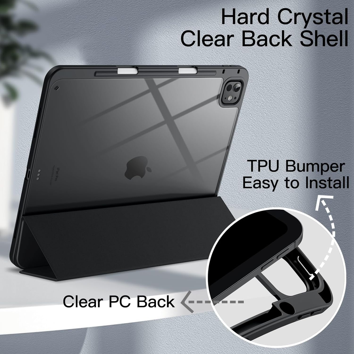 JETech Case for iPad Pro 13-Inch M5/M4 (2025/2024) with Pencil Holder, Clear Transparent Back Shell Slim Stand Shockproof Tablet Cover, Auto Wake/Sleep (Black) - Image 3