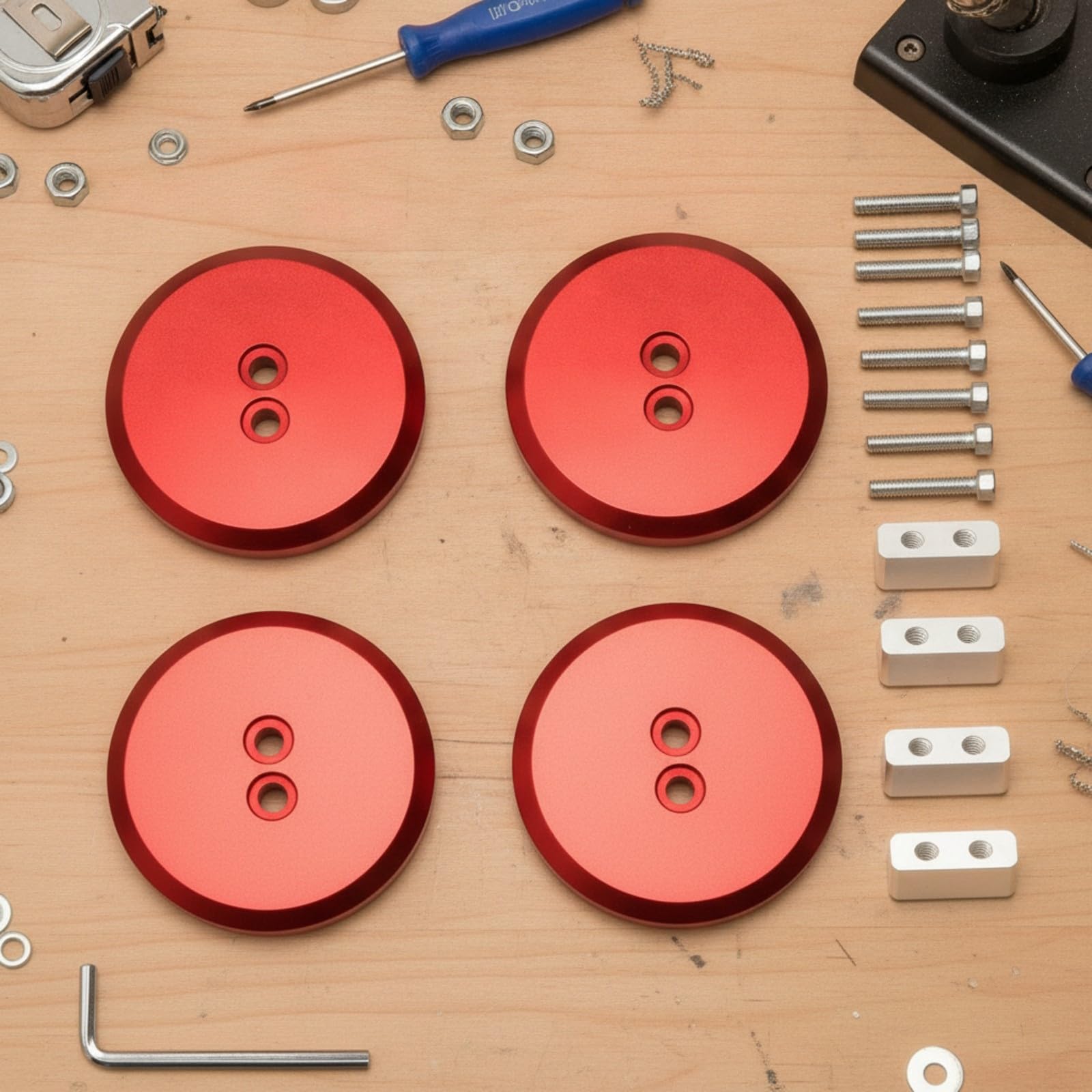 Harilla 4 Pezzi Tampone per Durevole | Con Chiave Esagonale, Tampone di Sollevamento, Piatto, per Officina, Automobilisti, Rosso