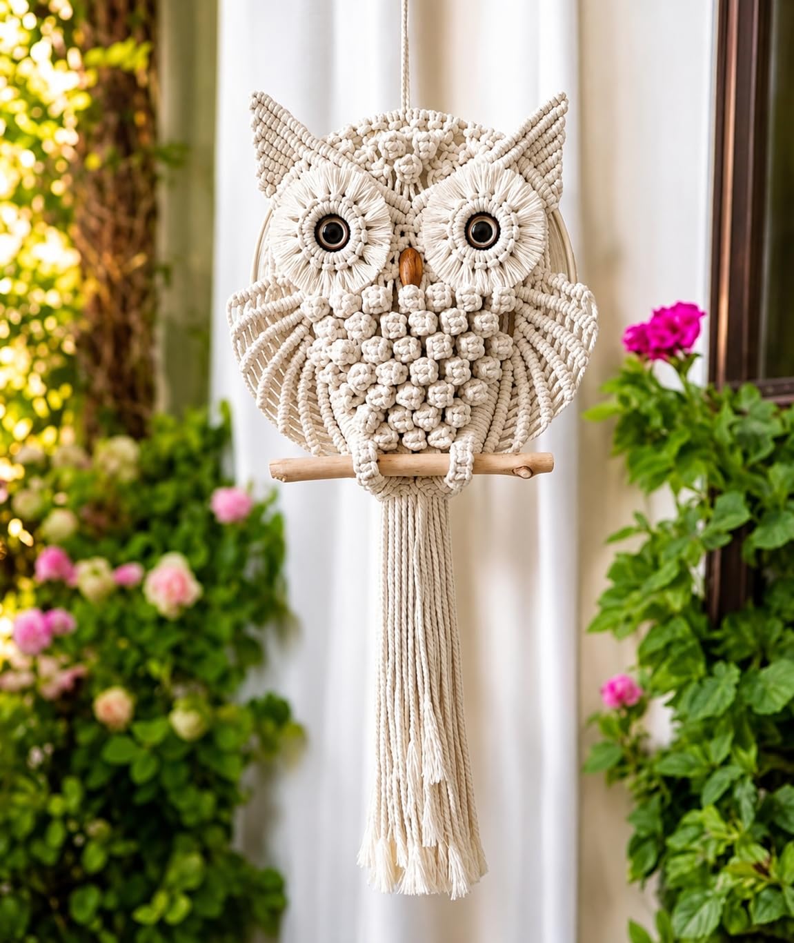 as Crafts Decor Macrame Owl Wall Hanging, Handmade Boho Cotton Decor | Wood Perch & Bead Eyes, Bohemian Style, Tassel Fringe, Wall Art, Cotton Rope Knots-image-33