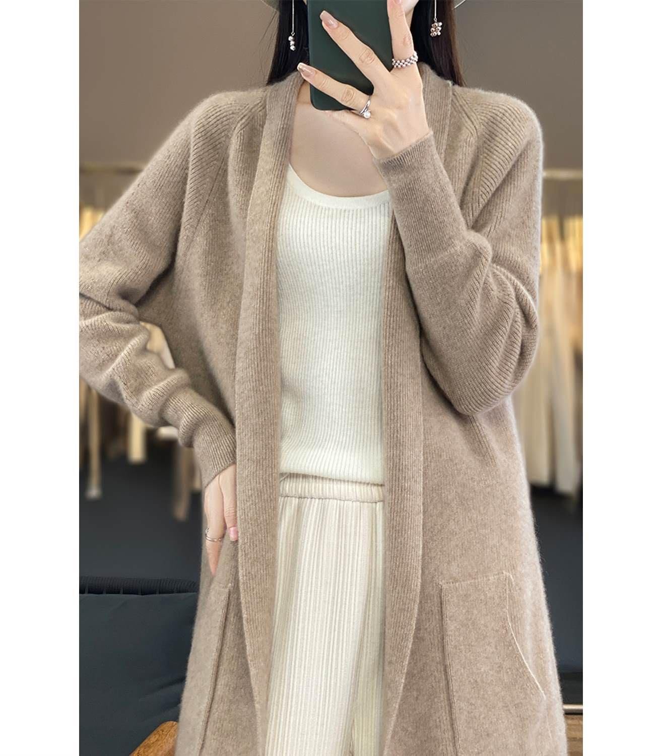 100% lana merino lavorato a maglia cardigan da donna cappotto spesso con tasche giacca autunno inverno