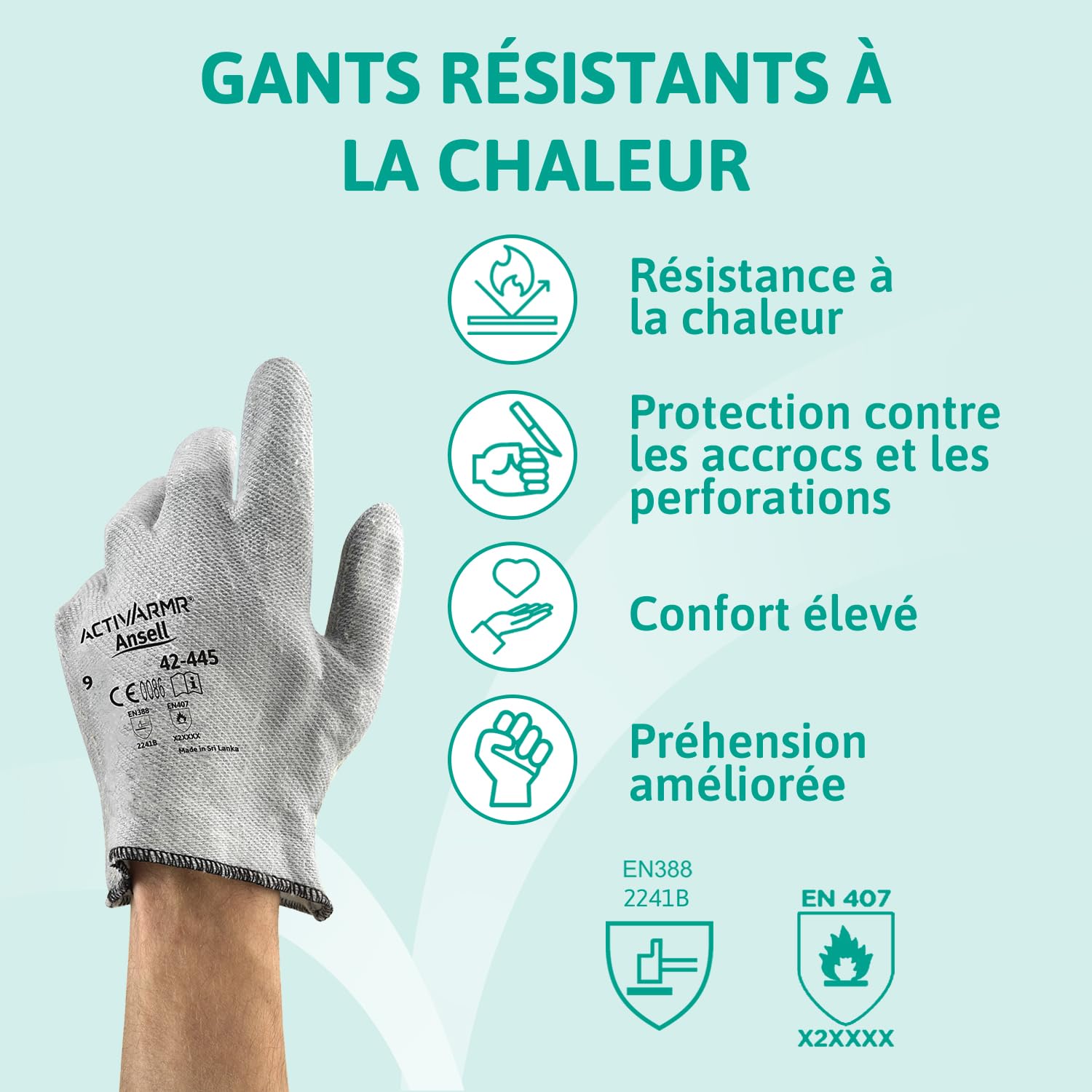 Ansell ActivArmr 42-445 Gants de Travail Thermorésistants, Résistance à la Chaleur et Protection Anti-Coupure Élevées, Gants de Manutention, Bricolage, Chantier, Taille XL (12 Paires)