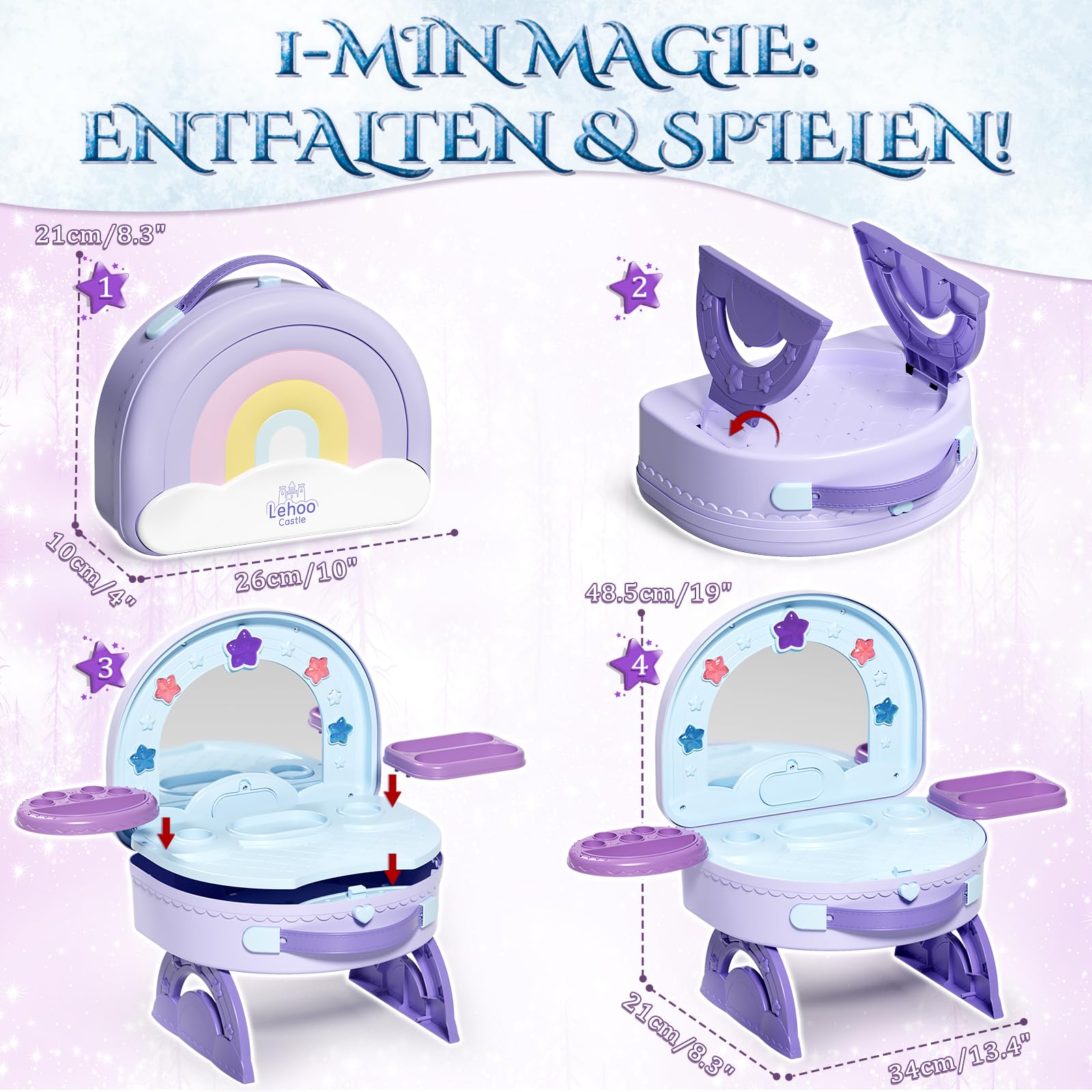 Lehoo Castle Tragbarer Schminktisch Mädchen Spielzeug ab 3 Jahren, 2-in-1 Kinderschminke Set mit Licht & Musik, Schminkset Weihnachts Geburtstags Geschenke für Mädchen