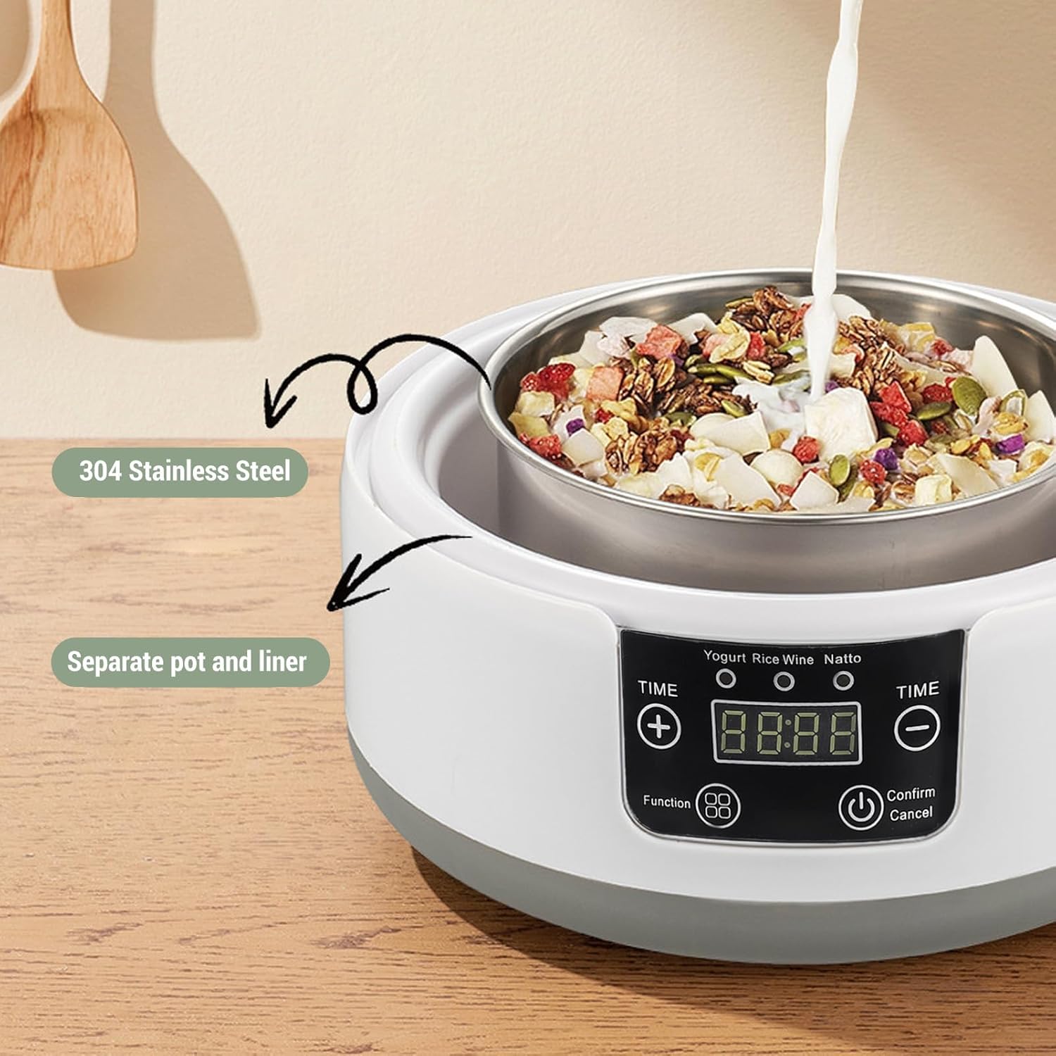 Yogurt Maker, Electric Greek Yogurt Maker Machine with Timer Control, Glass Jar & Stainless Steel Inner Pot, 1.2L Homemade Yogurt Natto Maker, Home Yogurt Incubator (US Plug