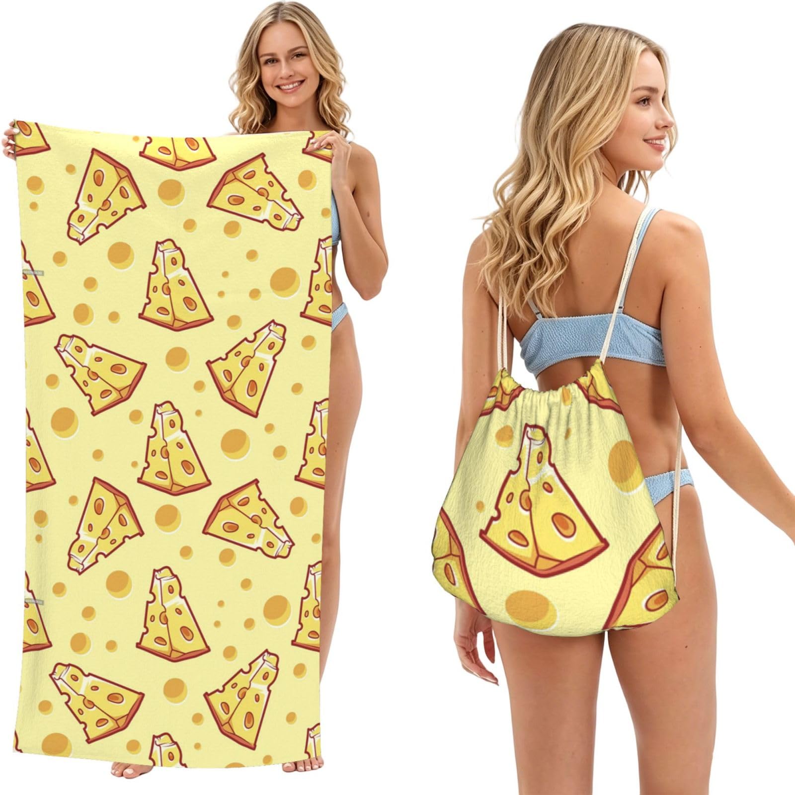 Poadnly As Picture Cheese Food, 2 In 1 Packable Towel Bag, Beach Towels With Drawstring Backpack For Travel Holiday Camping