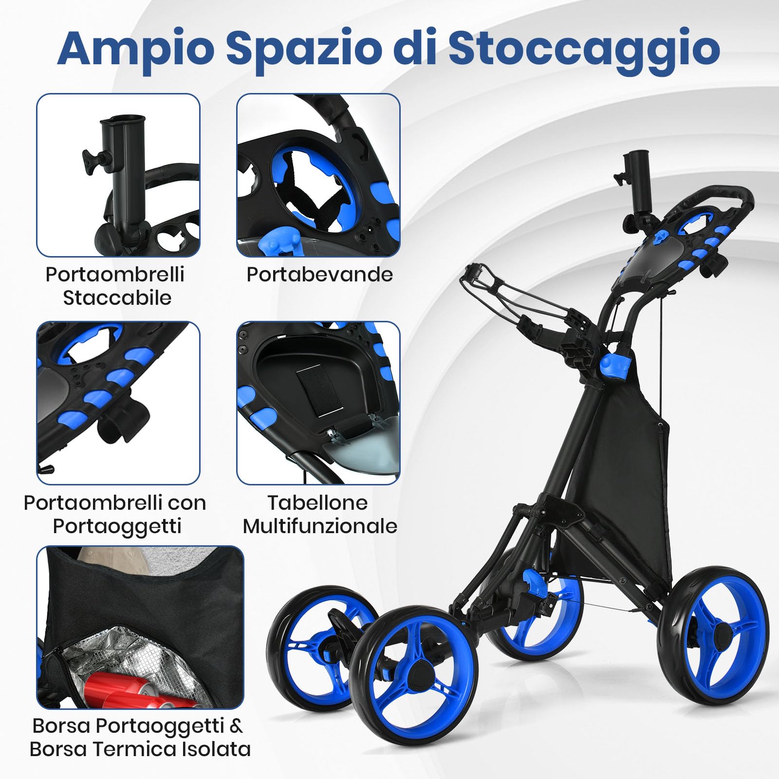 GYMAX Carrello da Golf Pieghevole a 4 Ruote, Carrello da Golf con Supporto per Segnapunti/Coppa/Ombrello, Borsa Frigo, Staffa Superiore con Cinghia Elastica, Freno a Pedale, Manico Regolabile