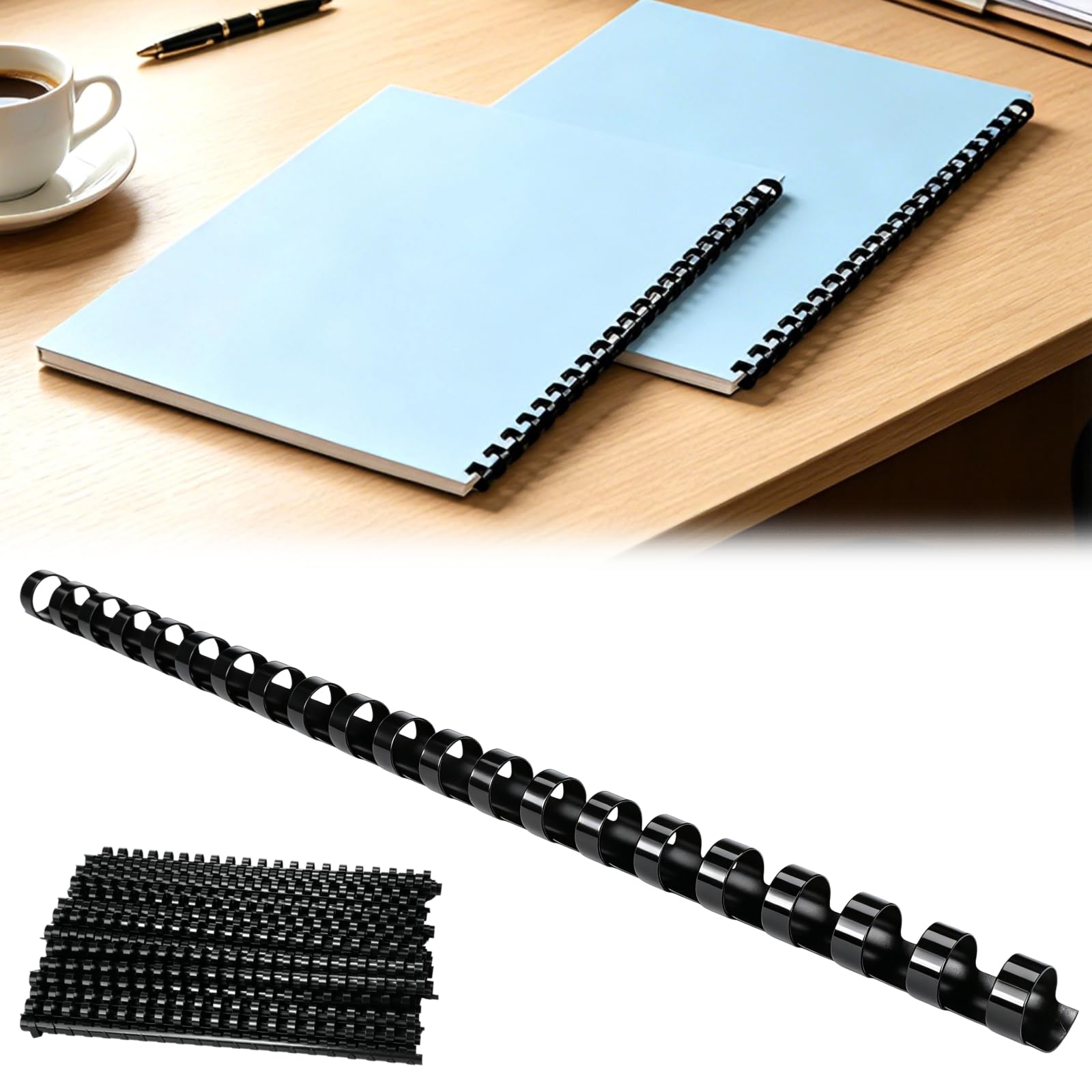 Peignes de reliure en plastique, lot de 100, diamètre de 1/2 pouce, dos à 21 anneaux, capacité de 80 feuilles pour documents A4, rapports, manuels, albums photo, noir