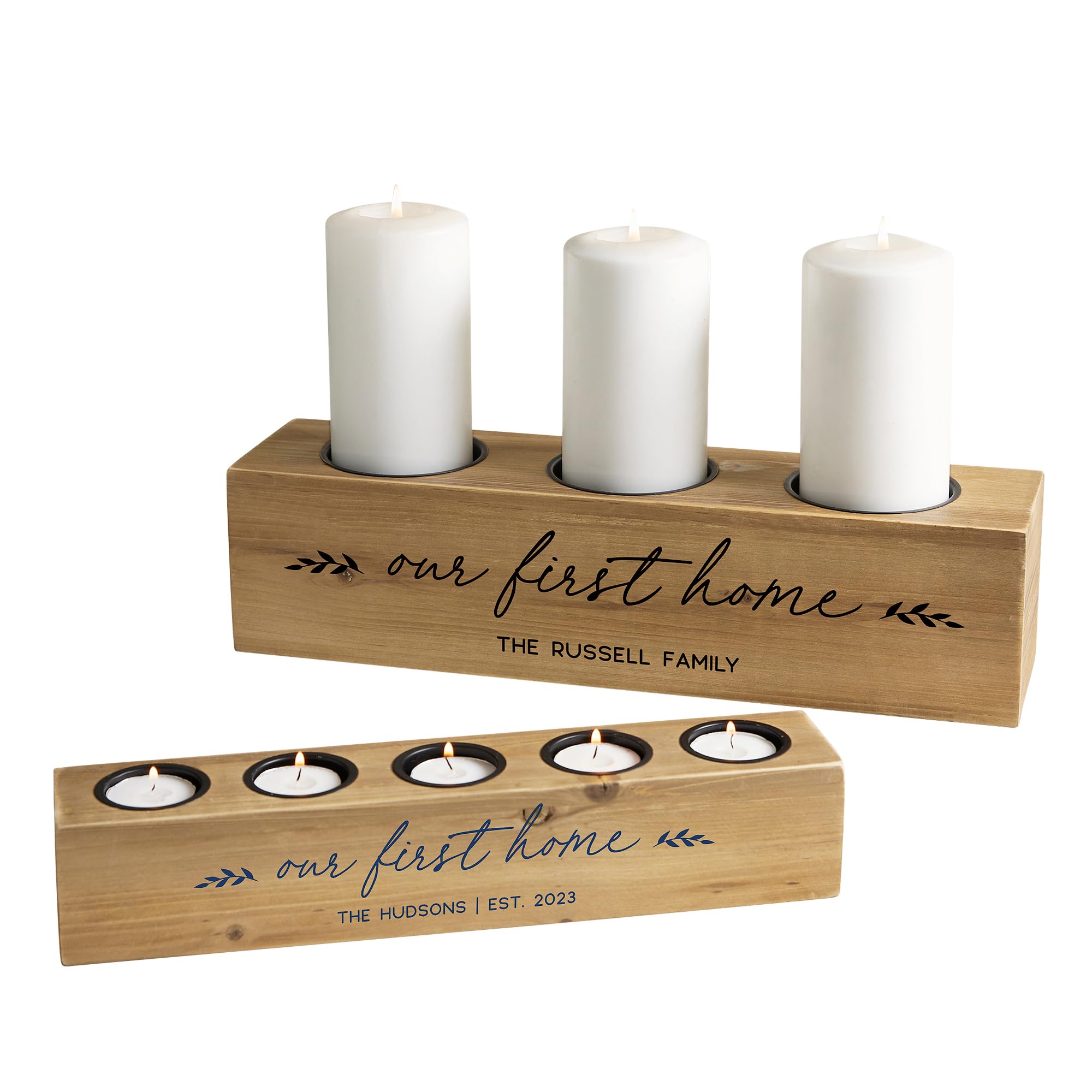 Personalization Universe Our First Home Personalized 3 pc. Wood Pillar Candle Holder