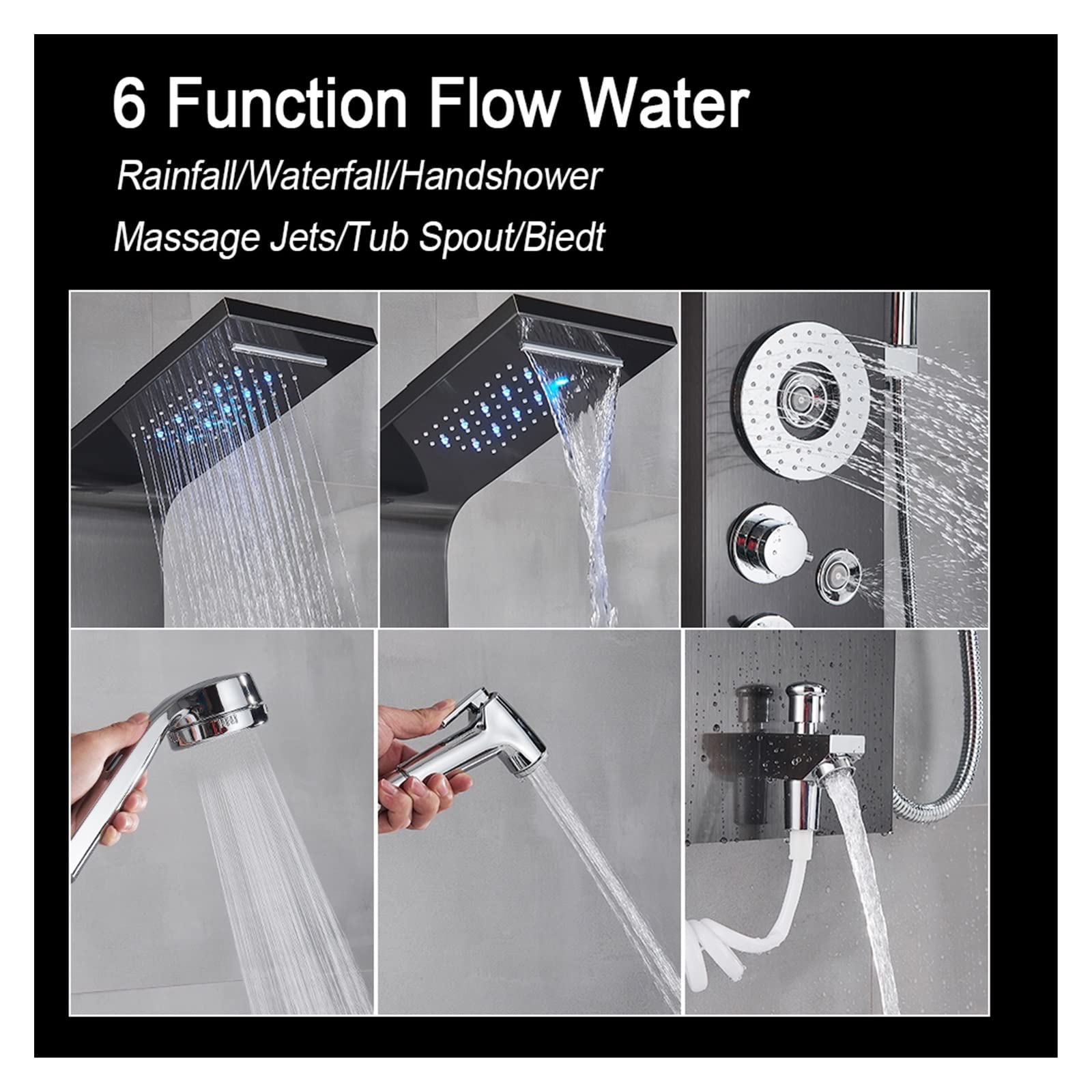 Rubinetto for Doccia con Luce a LED Nera Bagno Spa Massaggio Doccia a Getto Colonna Cascata Pannello Doccia a Pioggia Bidet Spruzzatore Rubinetto(8009 Black B)