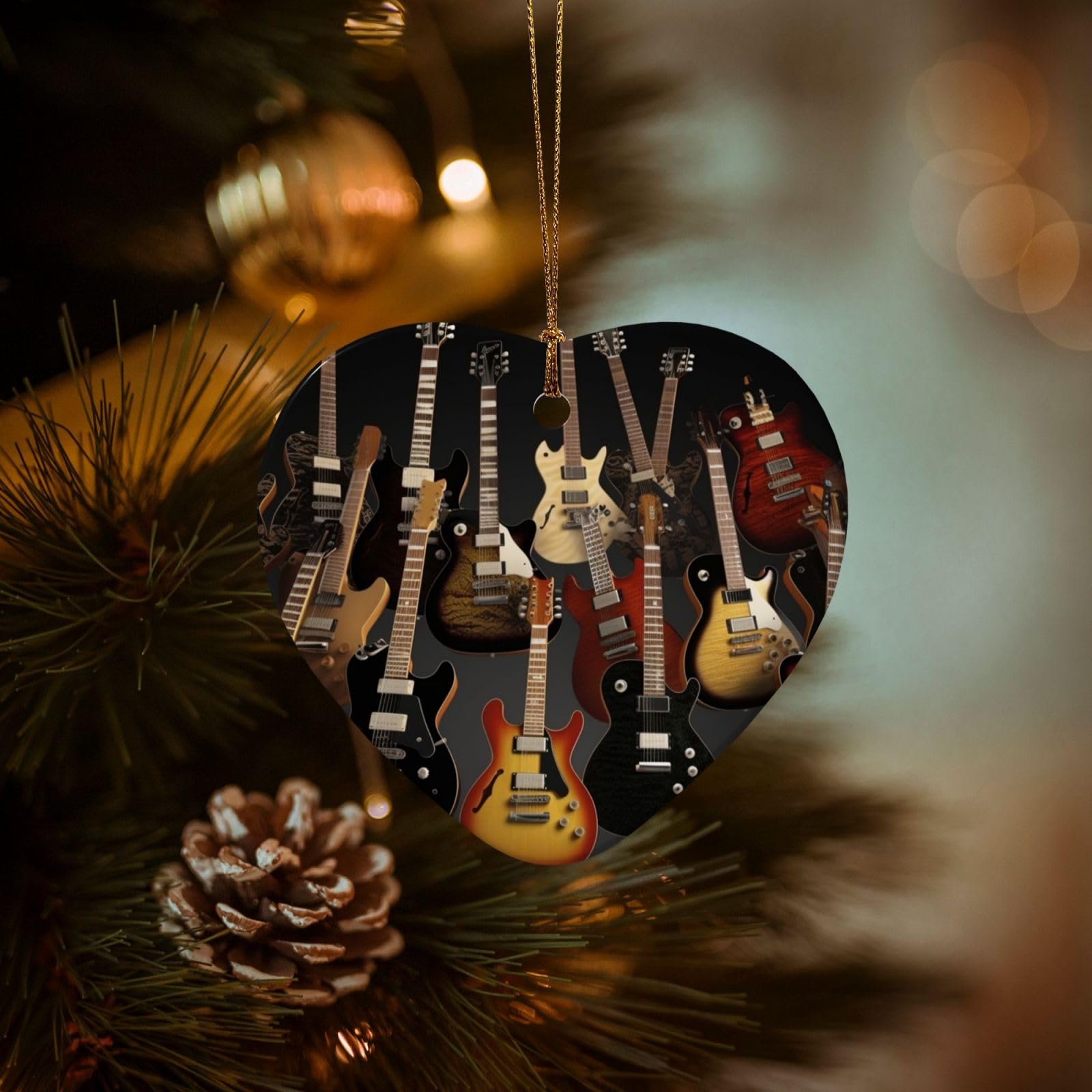 Christmas Ornaments for Christmas Tree Decoration Hanging Guitars Ornament with Gold Ribbon Crafts Heart Shape Ceramic Pendant for Keepsake Gifts Xmas Decor Party Supplies