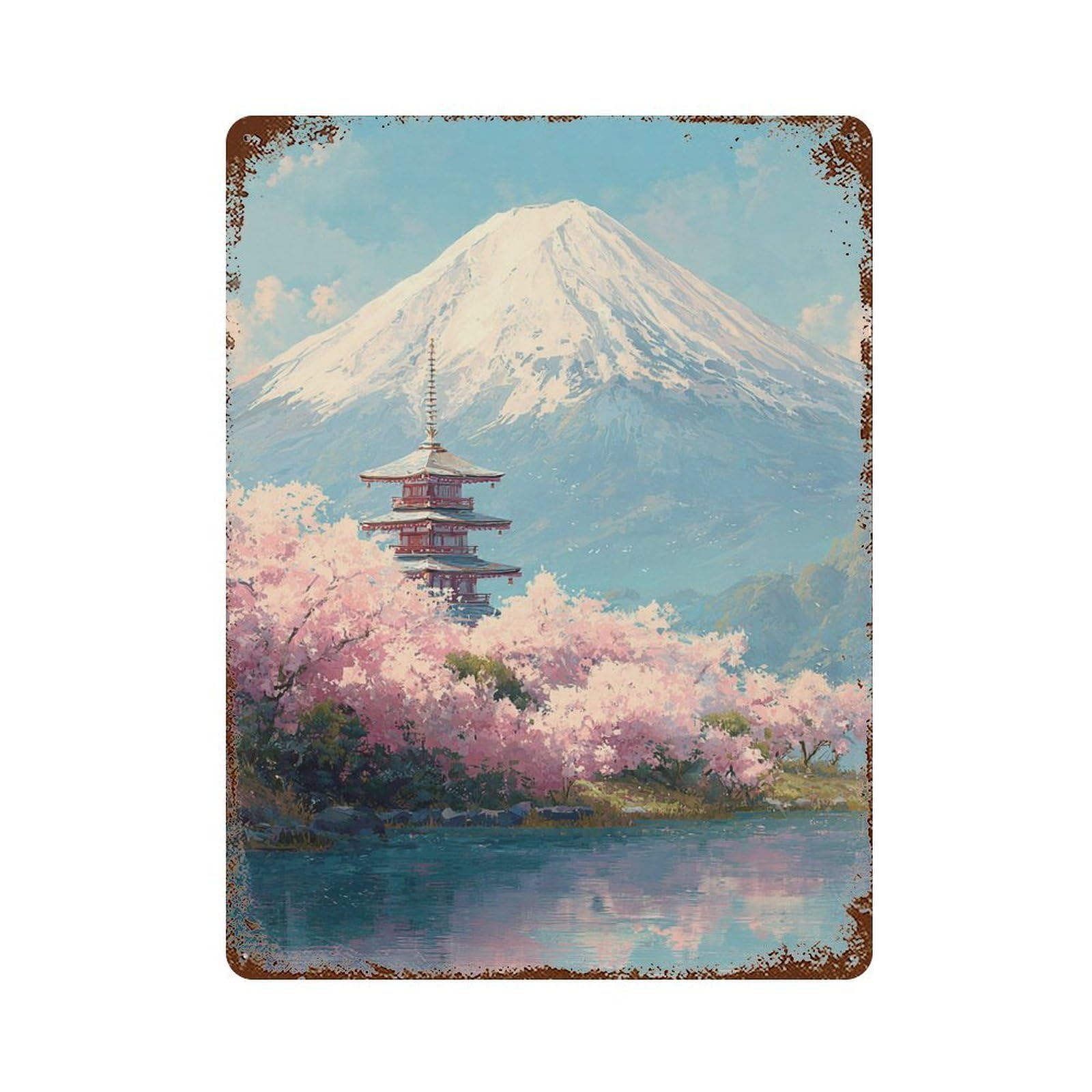 Cherry Blossom Pagoda Reflections Decorative Tin Sign 15.7"x11.8", for Farmhouse, Kitchen And Entryway Decor, Vintage Wall Decor