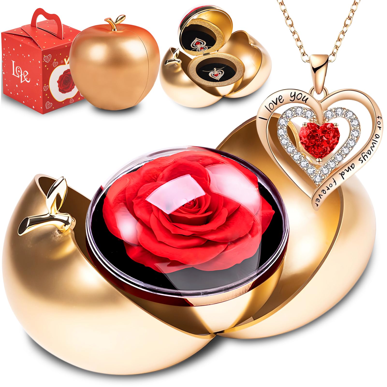 goldmiky Rosa Eterna con Collana, Rosa Stabilizzata Rossa Cofanetto,Fiori Eterni con Collana Cuori Regalo, per Idea Regalo Donne la Moglie a Natale,San Valentino,Festa della Mamma