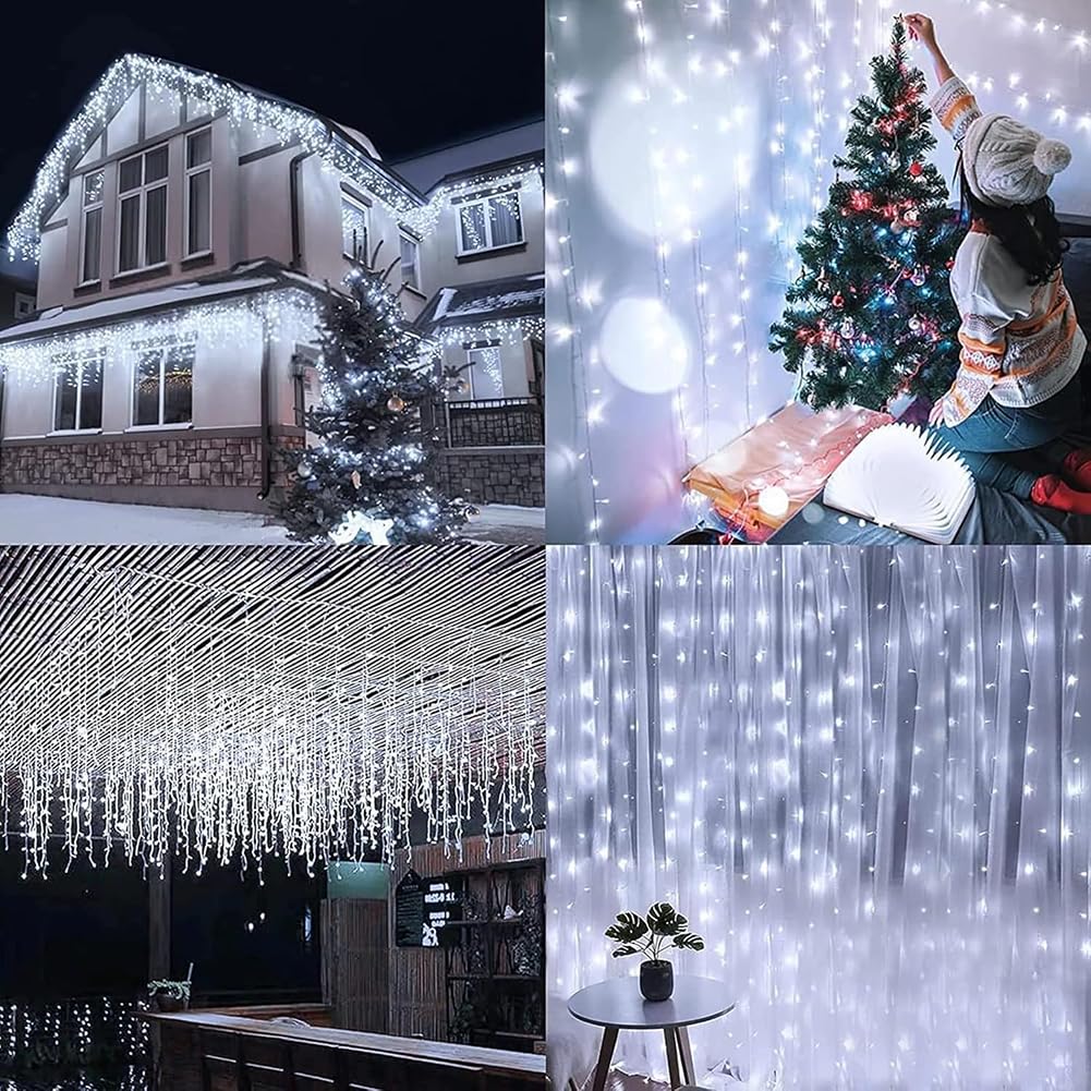 3 IN 1 Solar Eisregen Lichterkette Außen, Wasserdichte Vorhang Lichter 8 Modes LED Beleuchtung Außen, String Lichter mit Fernbedienung Mit Timer und Speicher Wasserdicht Solarlampe,6000k,15M