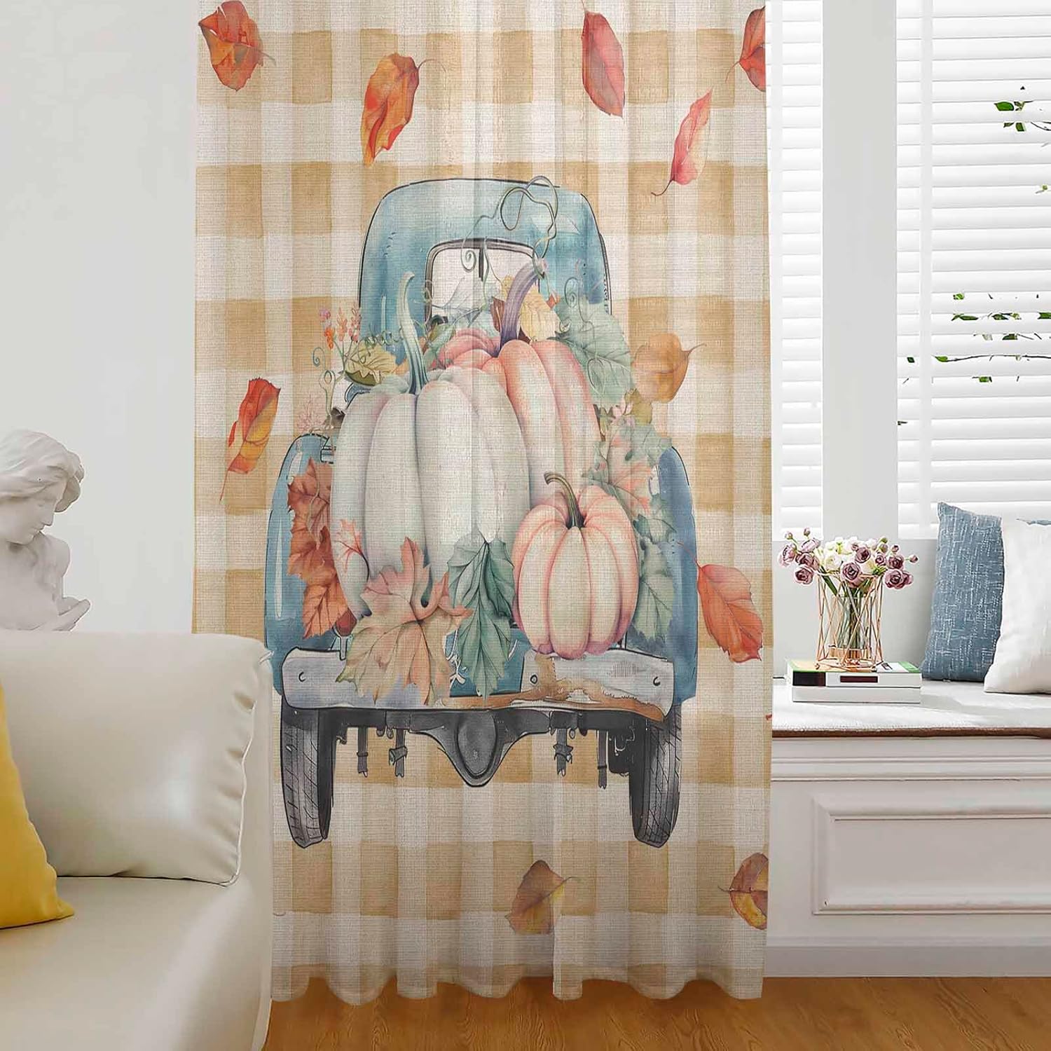 Blue Truck Pumpkin Window Curtain 96 Inches Long,Fall Thanksgiving Orange Plaid Leaves Semi Sheer Rod Pocket Chiffon Curtain & Drapes Voile Draperies Living Room Bedroom Kitchen Window Treatment