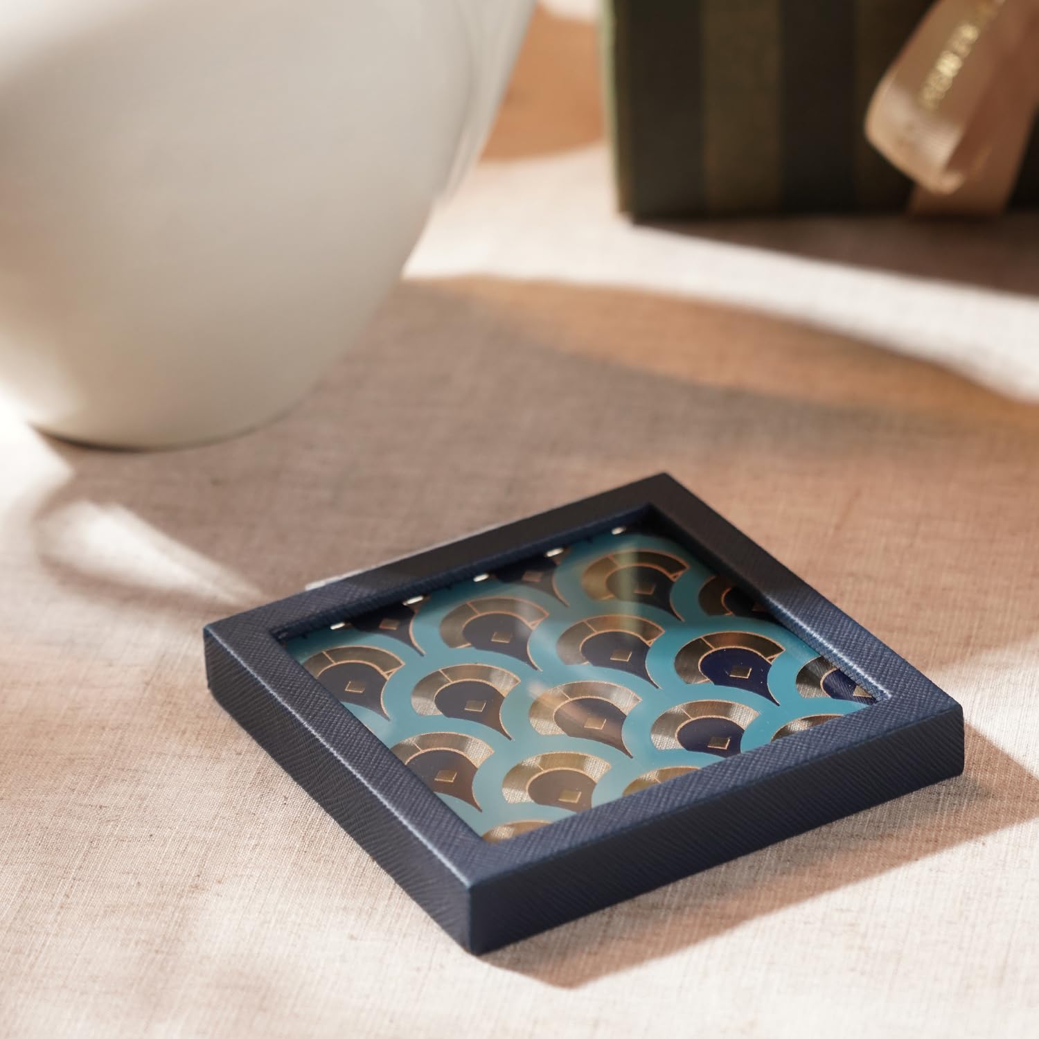 Pure Home + Living Blue & Teal Dual Tone Printed Glass Faux Leather Coaster