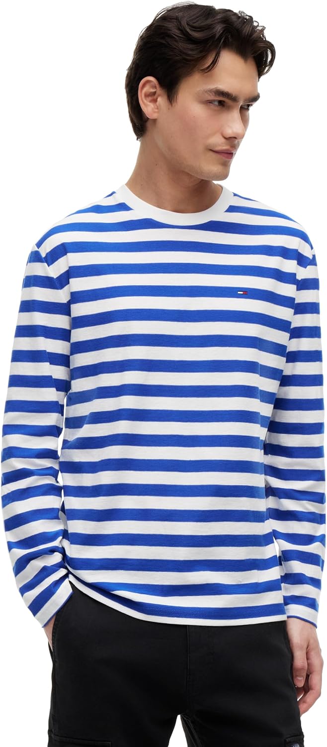 Tommy Jeans Men's Regular Essential Striped Long Sleeve Tee, Providence Blue Stripe Medium