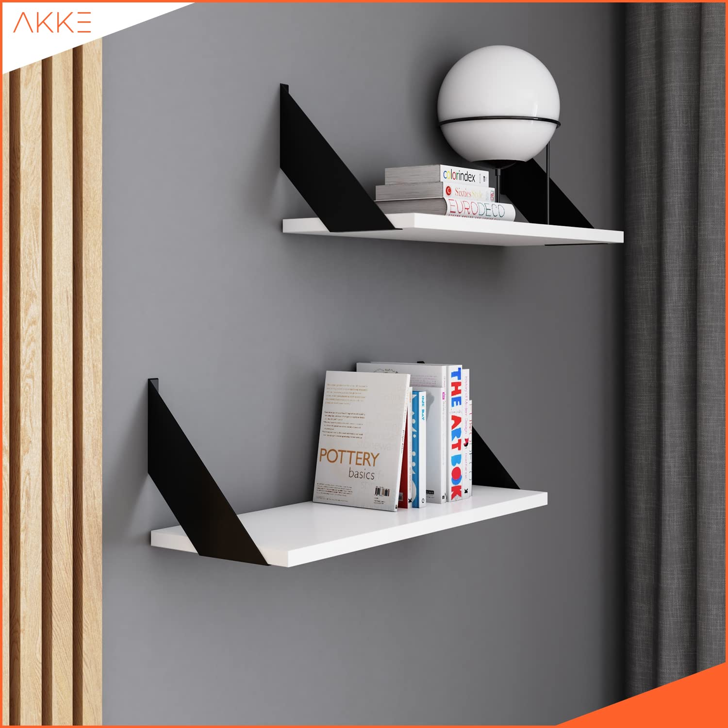 AKKE Wandregal - Hängeregal mit 18 mm Möbelplatte und Metallhalterungen - Wandablage für Moderne Wohnräume, Bücher, Pflanzen und Deko - Loft Flat 80 cm x 20 cm Weiß