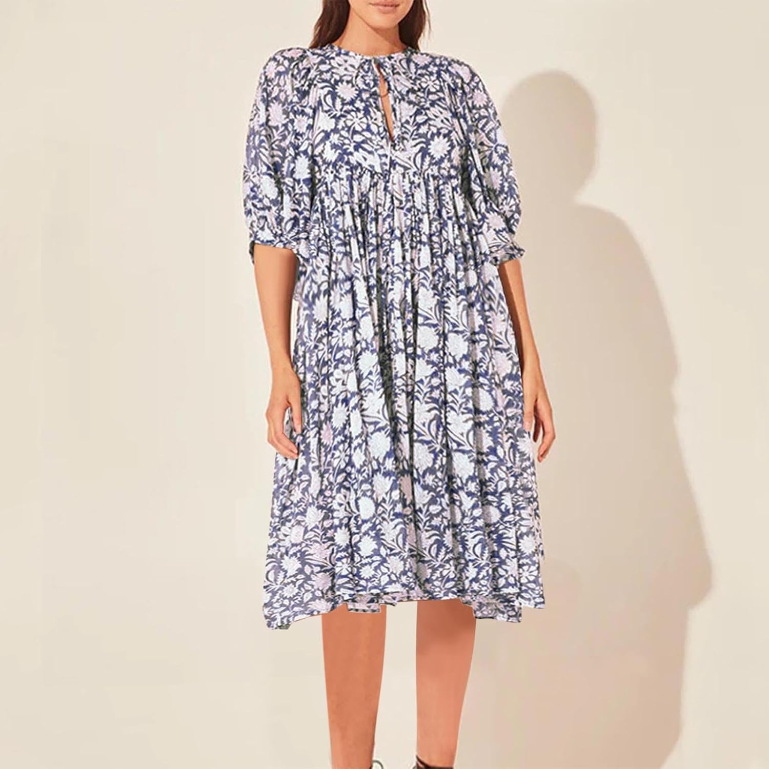 Womens Cotton Boho Floral Dresses Trendy Casual V Neck Lantern Sleeve Beach Midi Dress Flowy Sundress with Pockets