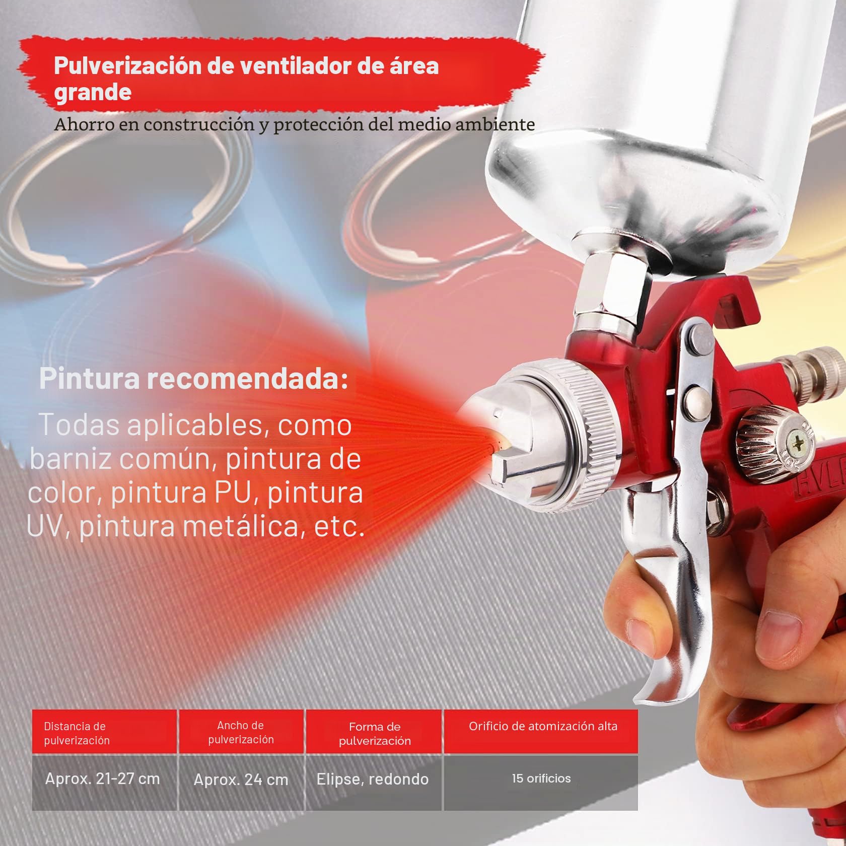 Pindex HVLP Pistola pulverizadora de Aire de alimentación por Gravedad: pulverizador de Pintura con Taza de Aluminio de 1000 CC | 3 boquillas para reparación de Coches, Pintura de Valla (Rojo)