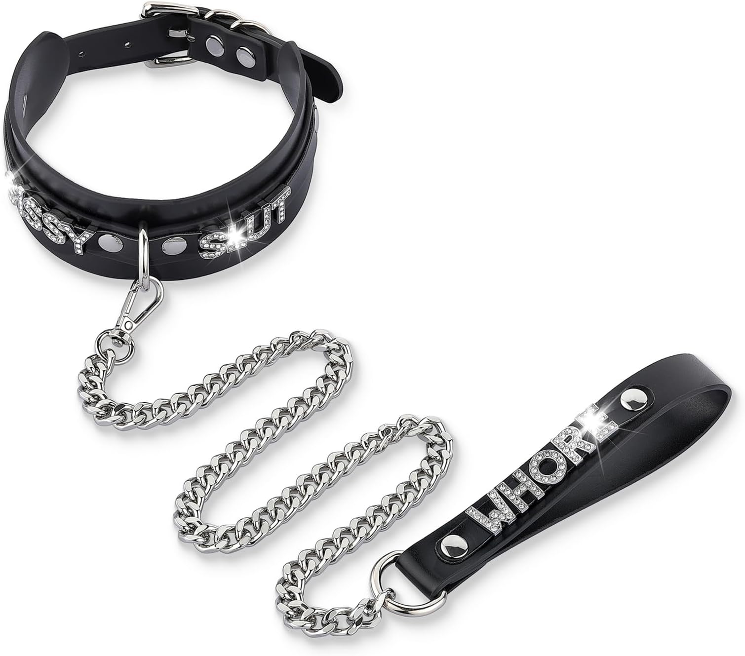 Women's Black Leather Choker Necklace with Rhinestone Letters, Adjustable Punk Gothic Custom Name D-ring Collar Jewelry For Women