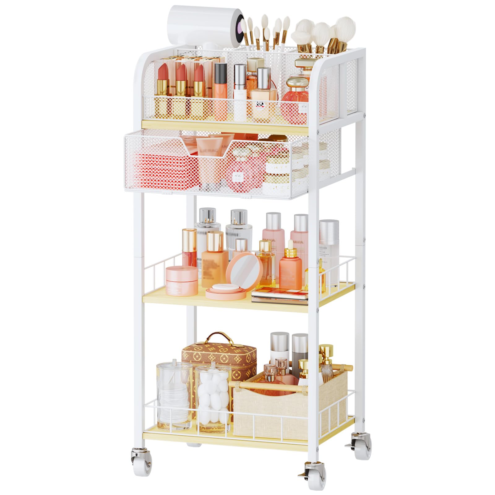 HapiRm Makeup Organizer Storage Cart - 4 Tier Skincare Make Up Storage with Drawer, Rolling Makeup Cart Vanity Organizer Cosmetics Display Cases Holder for Skin Care Perfume Nail Polish Brush