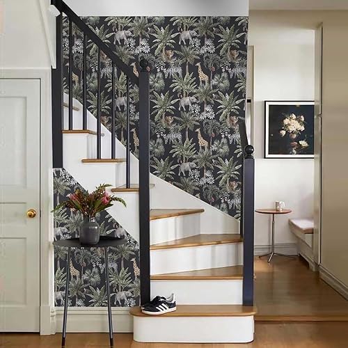 Miniatura 6 de MuralPeel Papel tapiz autoadhesivo con diseño de selva tropical, animales, plantas, hojas, tigre, autoadhesivo, extraíble, fácil de despegar en