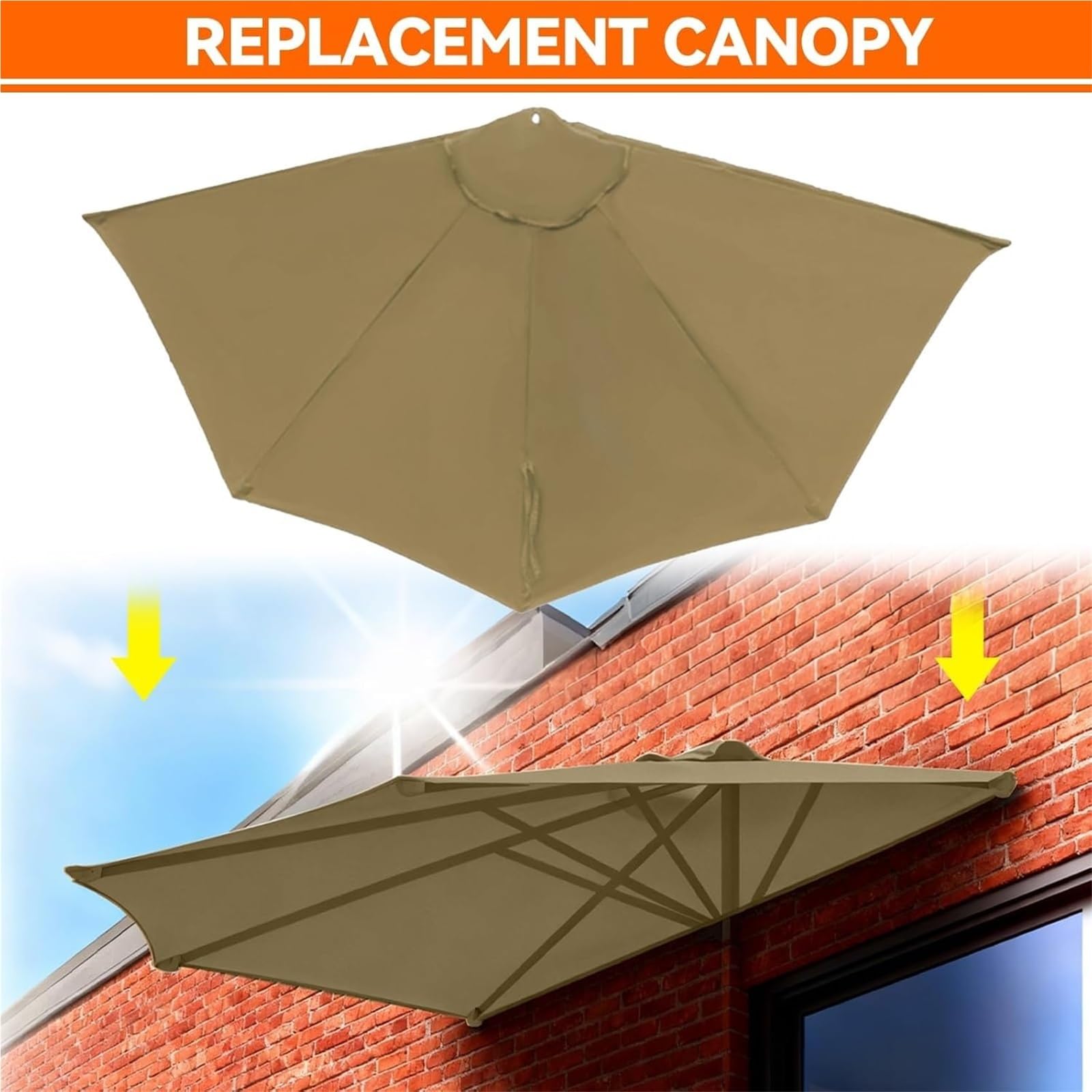 Demi-Parasol Toile de Rechange 270/300cm 5 Baleines, Tissu Imperméable pour Parasol de Jardin Terrasse Balcon, Housse de Remplacement Extérieur(O2,10ft/300cm)
