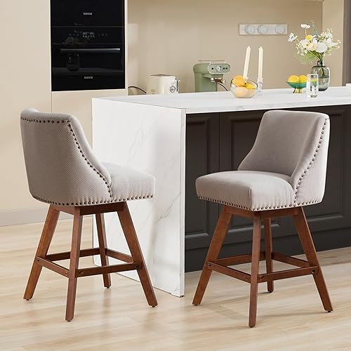 Miniatura 4 de Juego de 2 taburetes de bar giratorios de altura de mostrador, modernos taburetes de bar para isla de cocina, taburetes de bar beige con respaldo,
