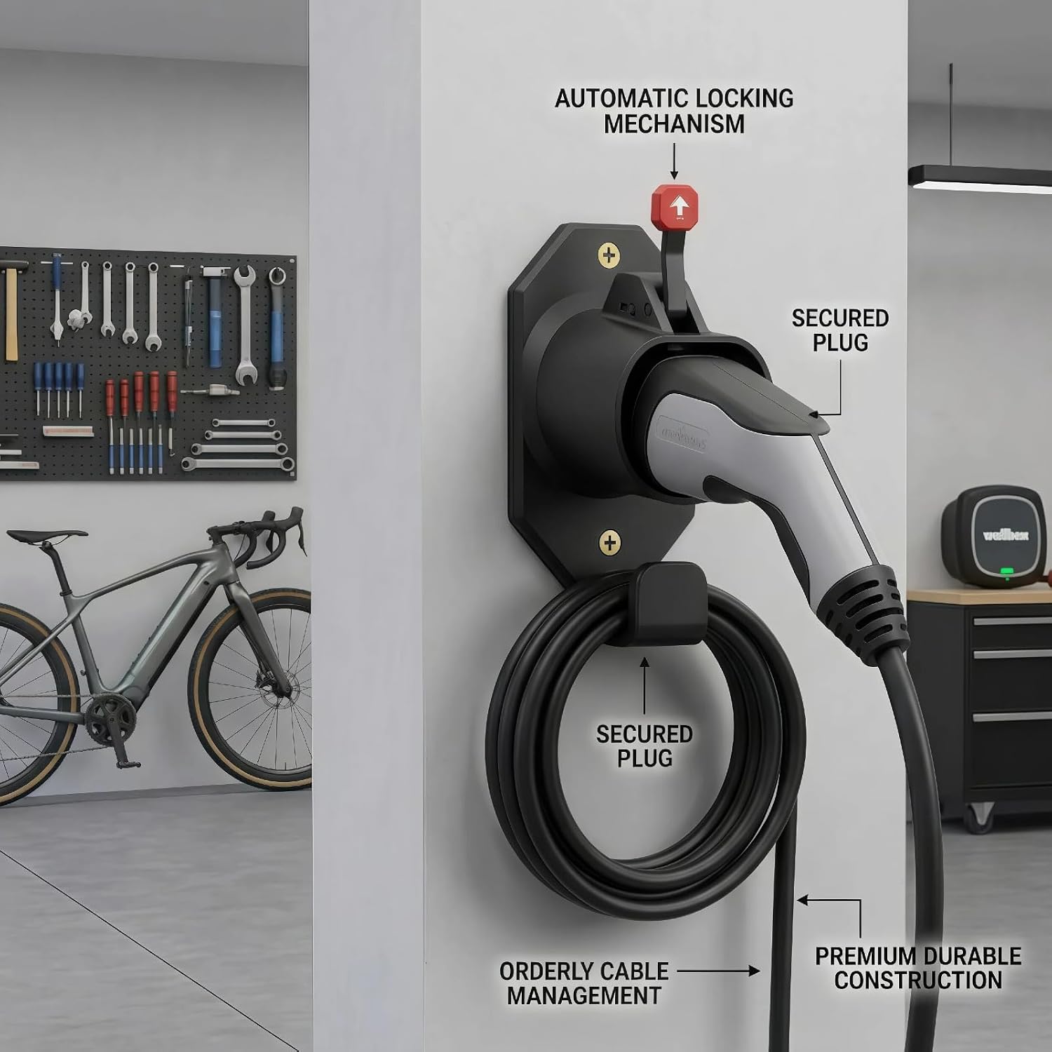 EV Charger Holder with Lock for Type 2 Charging Cable, Heavy-Duty Wall Mount Plug Dock, Waterproof Anti-Theft Electric Vehicle Charger Nozzle Holster Organizer for IEC 62196 (Type-2 Only)