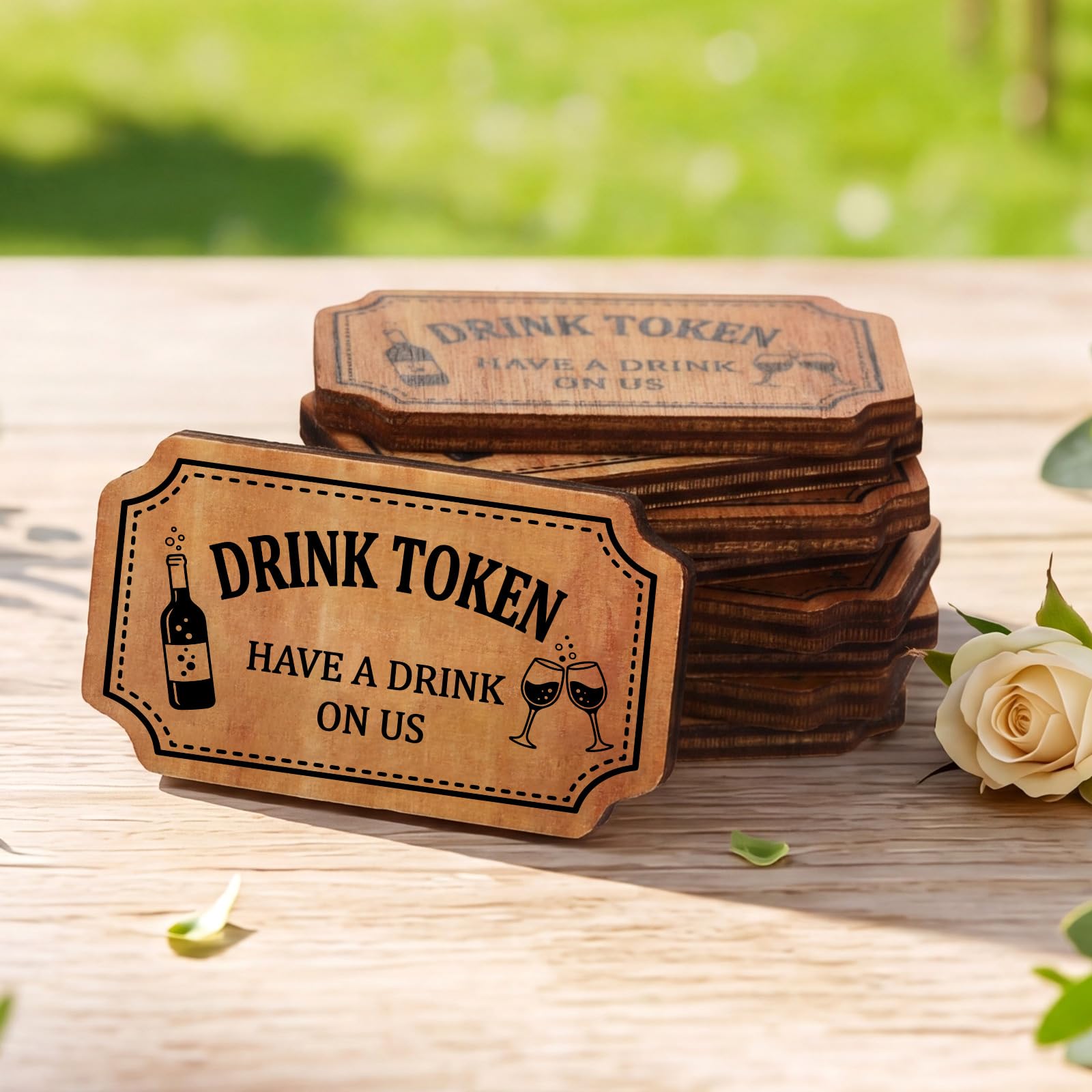 Marsui 50 Pcs Wooden Drink Tokens Bulk for Wedding Personalised Drink Tickets Poker Chips for Guest Wedding Favors Beverage Birthday Parties Bar Table Decoration Supplies (Rectangular Shape)
