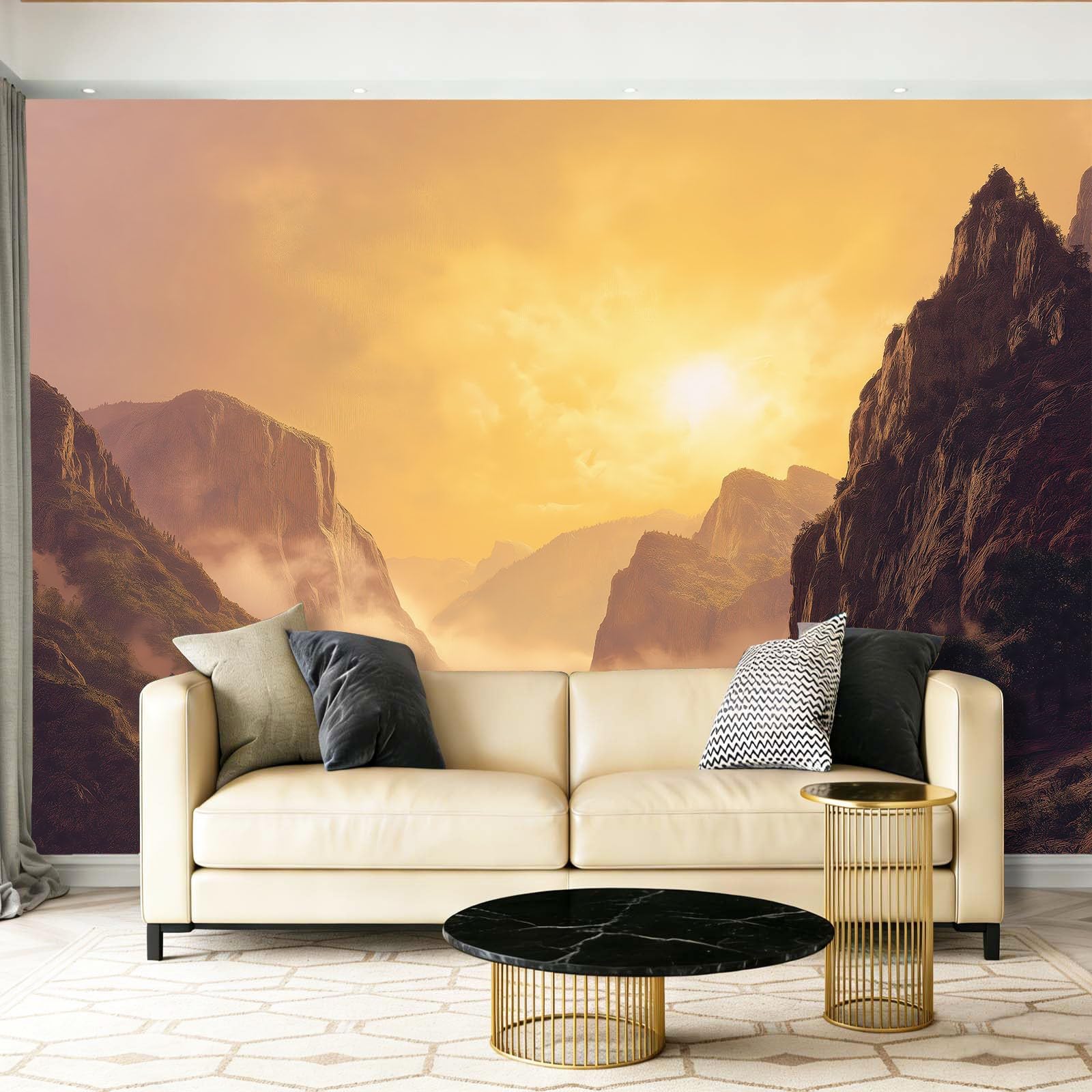 Fototapeta Naturalne Góry Słońce Krajobraz Fotografia Mural Sypialnia Pokój dziecięcy, 300 x 210 cm Fototapeta Artystyczna, Żółta Brązowa