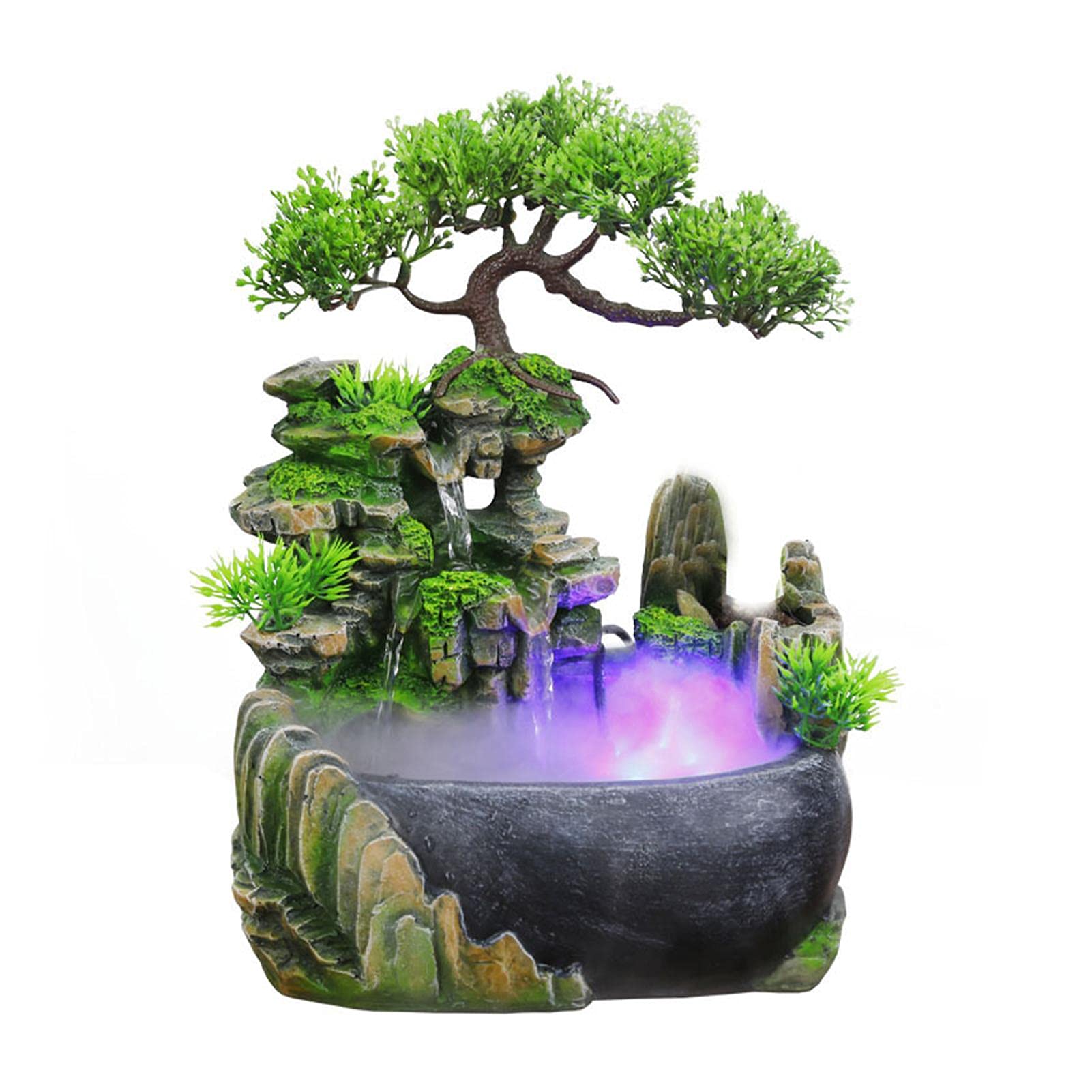 Tabletop Fountain, Atomizing Desktop Humidifier with Rockery & Bonsai, Zen Meditation Indoor Relaxation Waterfall Feature, Illuminated Waterfall Fountain Indoor for Home Office Bedroom Desk Decor