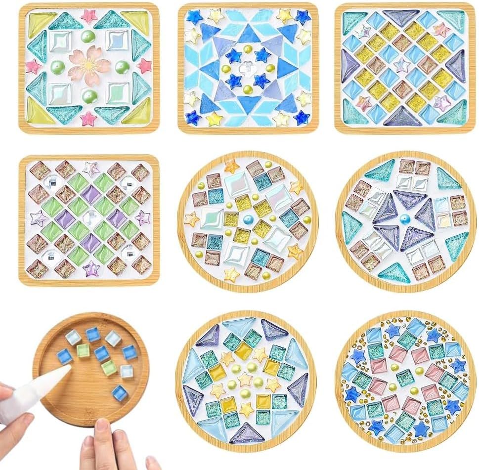 Ukontagood 8 Pack DIY Mosaic Tiles for Crafts, Mixed Color Mosaic Kits with Bamboo Coaster, Square & Round DIY Coasters Kit for Coaster Handmade Home Gifts