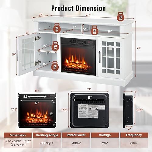 Miniatura 7 de GOFLAME Soporte de TV con chimenea para TV de hasta 55 pulgadas, centro de entretenimiento de madera independiente con chimenea eléctrica de 18