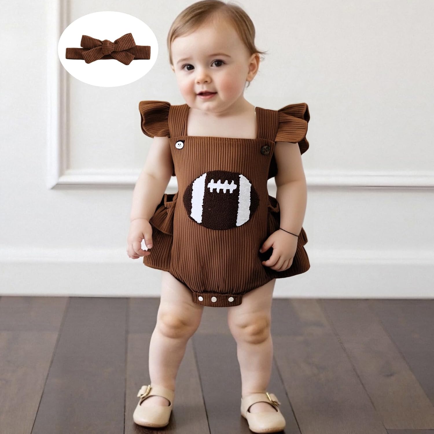 Football Baby Girl Outfit Embroidery Football Romper Ruffle Sleeve Corduroy Bodysuit Overalls Game Day Clothes - Image 2