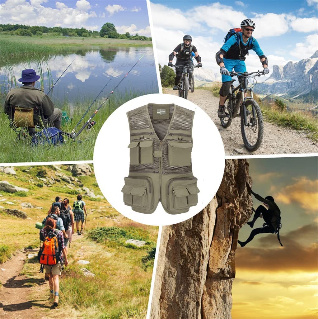 Homme Gilet de Pêche Sans Manches Veste avec Multi-Poches Gilets de Loisirs en Maille Léger Respirant à Séchage Rapide Gilet de Plein air Veste de Sport de Photographie