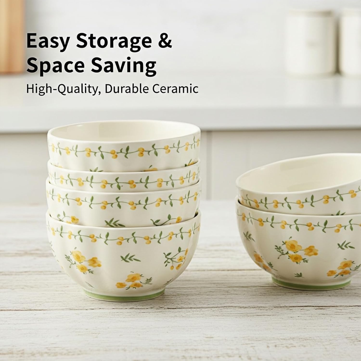 4 Pack 11.8oz Cereal Bowls - 4.7 Inch Ceramic Bowls for Soup, Salad, Pasta, and Snacks - Yellow Floral Dinnerware Set - Dishwasher and Microwave Safe