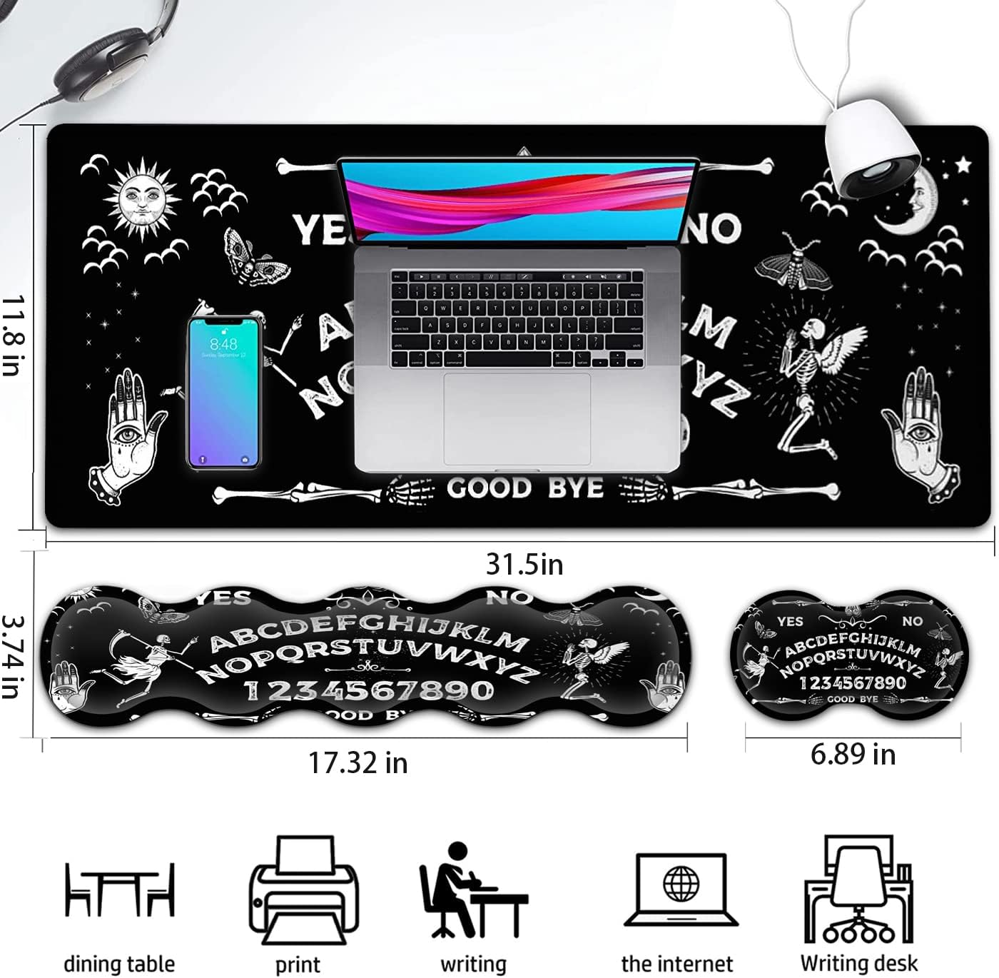 Gaming Mouse Pad & Keyboard Wrist Rest,Large Extended Mouse Pad 31.5X 11.8,Ergonomic Memory Foam Wrist Rest Support+Desk Mat Protector,for Office/Home Writing Pad,Ouija Board Pattern Black Mousepad