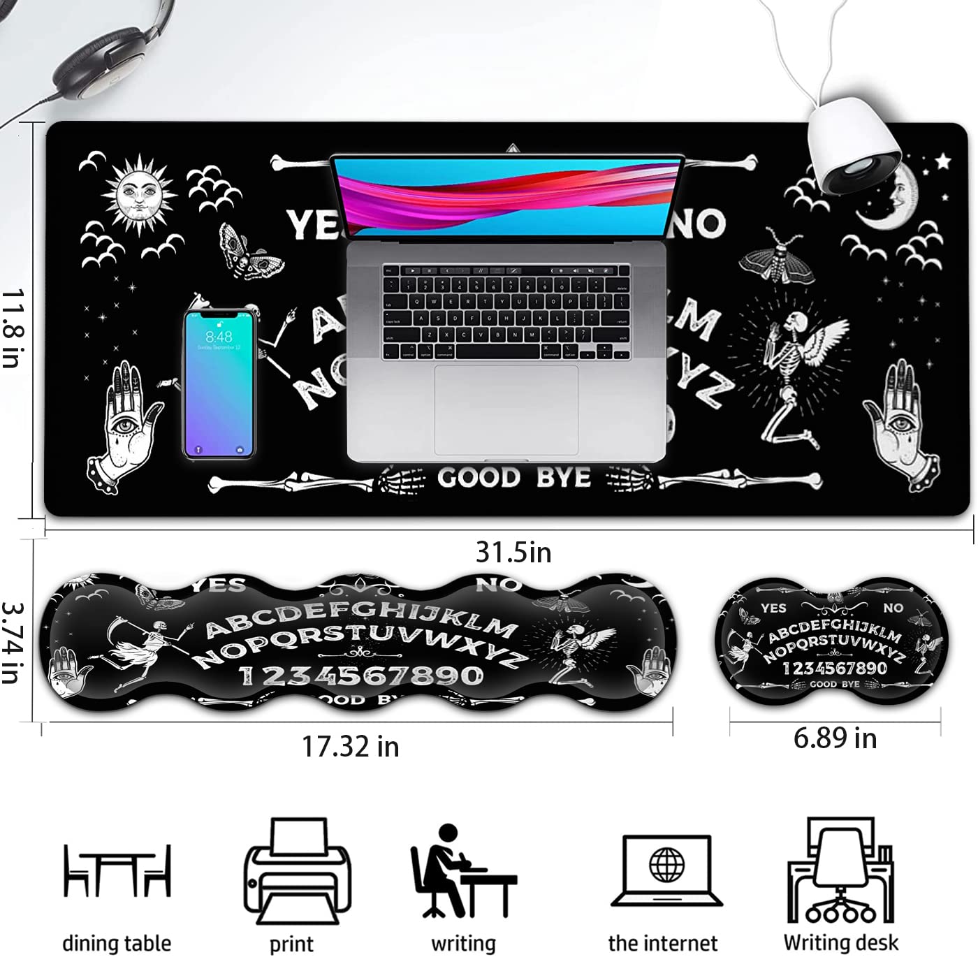 Gaming-Mauspad und Tastatur-Handgelenkauflage, großes erweitertes Mauspad, 80x20 cm, ergonomischer Memory-Schaumstoff, Handgelenkauflage + Schreibtischmatte, Ouija-Tafelmuster, schwarze Maus pad