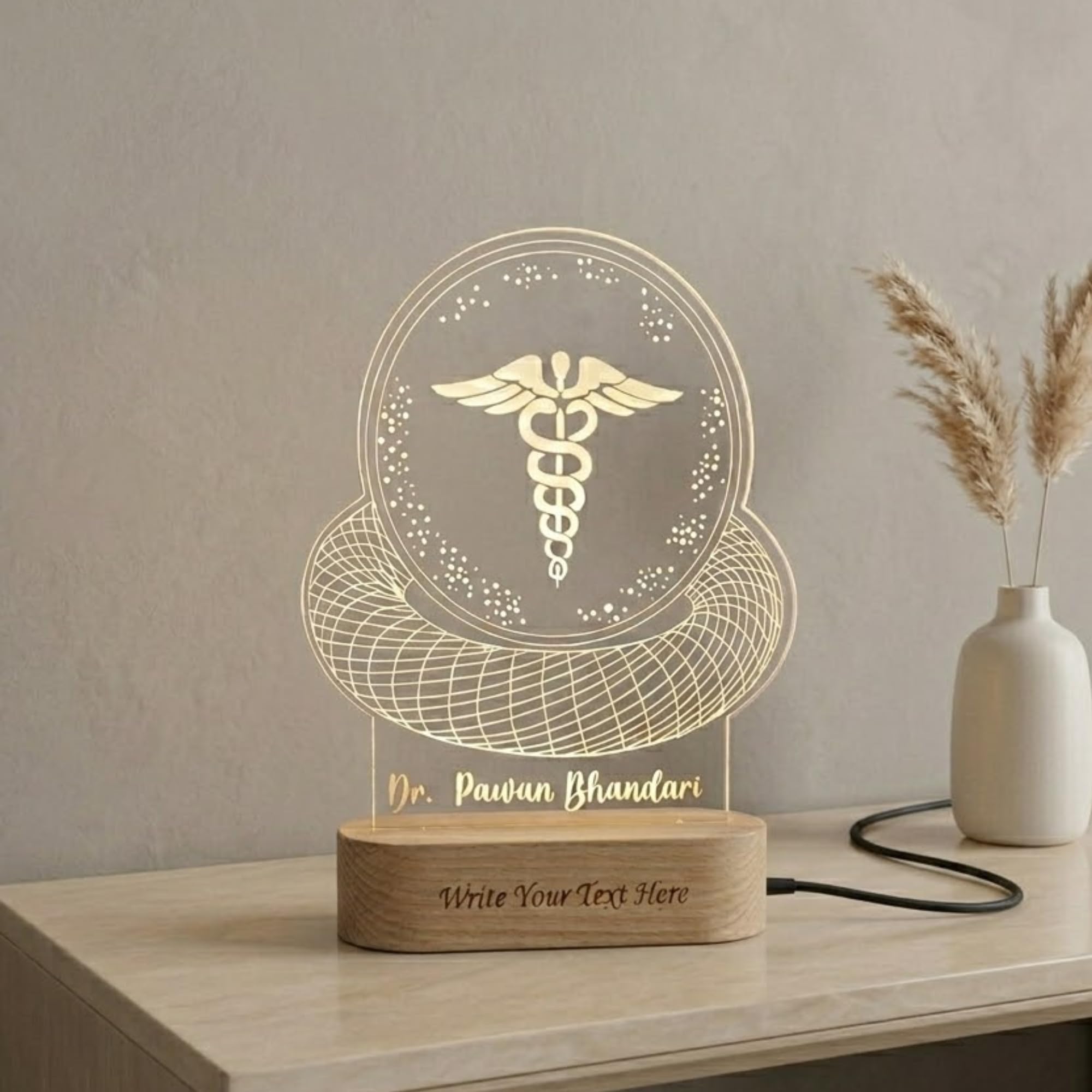 SHAYONA Personalized Customized Doctor Name and Hospital Name Engraving on Wooden Base Warm White Color Table Desktop Led Lamp-22CM 2