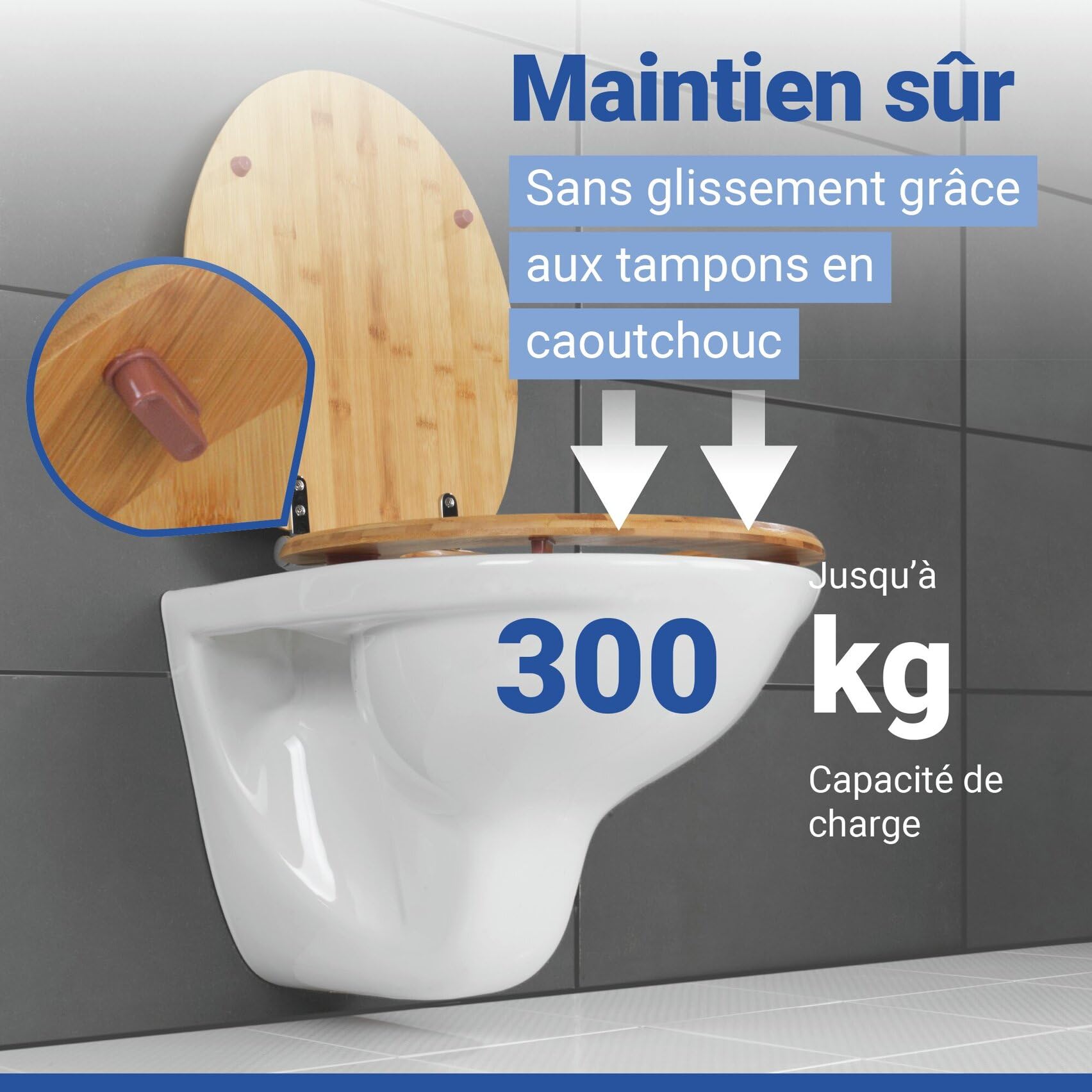 WENKO Abattant WC Bambusa | Lunettes WC Frein de Chute | Installation Rapide | Déclipsable pour Entretien Facile | Tampon Mural et Patin Anti Glisse | Bambou certifié FSC® | 34,5 x 40,5 cm | Bambou